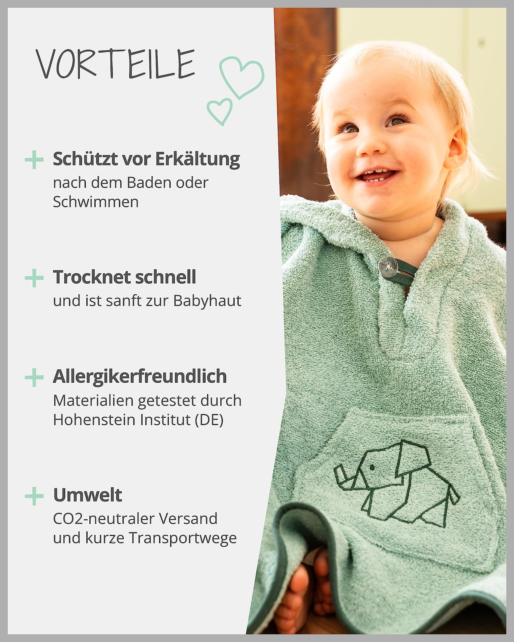 ULLENBOOM Badeponcho Baby, Frottee aus 100% Baumwolle (Oeko-TEX Zertifiziert) und Made in EU - Ideal als Badetuch und Bademantel für Kinder und Babys von 1-3 Jahren, Salbeigrün