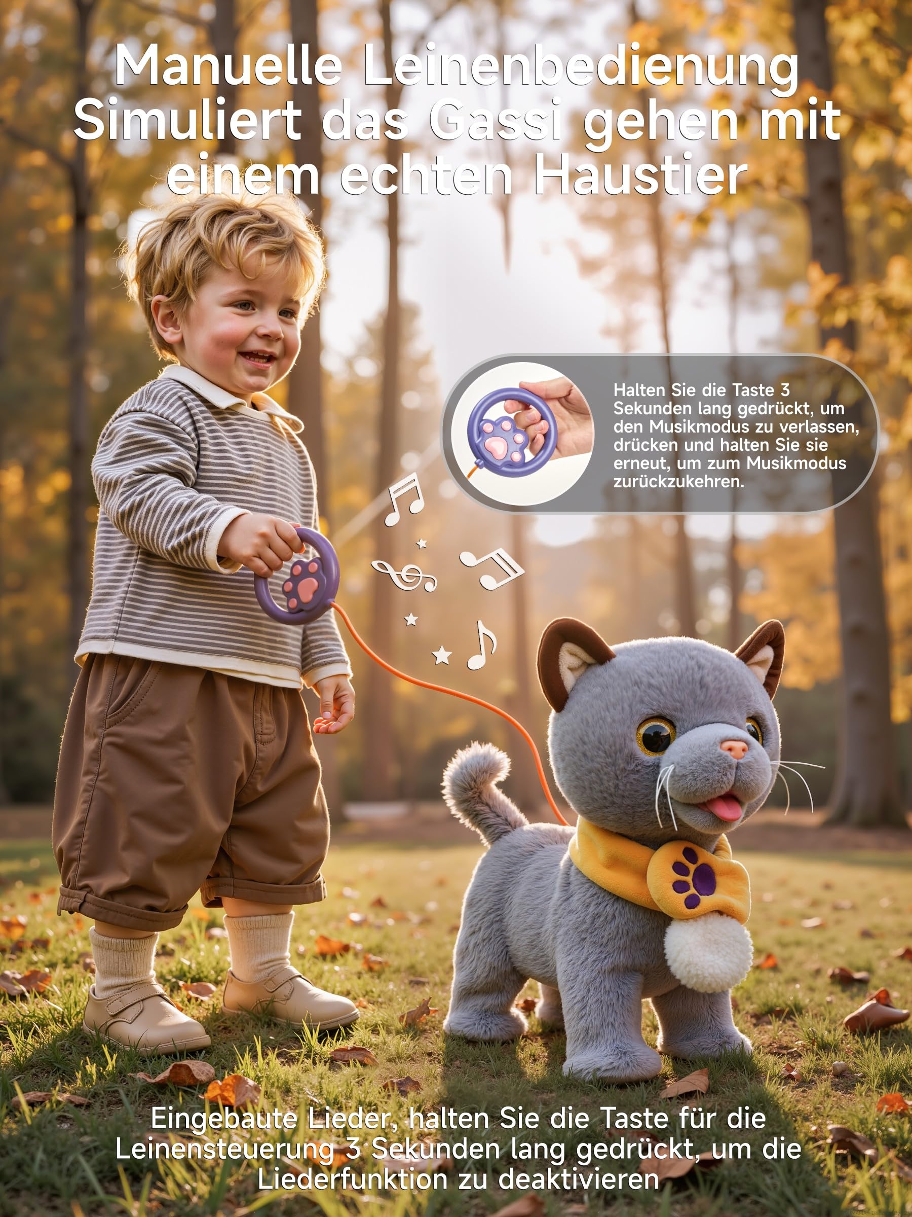 TUMAMA KIDS Interaktives Katze Spielzeug für Kinder Mit 6 Musik, Kuscheltier Kittens Mit Fernbedienung Leine Der Läuft Und Bellt, Plüschtier Elektronisches Kätzchen ab 2 - Gehen, Miaut, Schwanz Wedeln