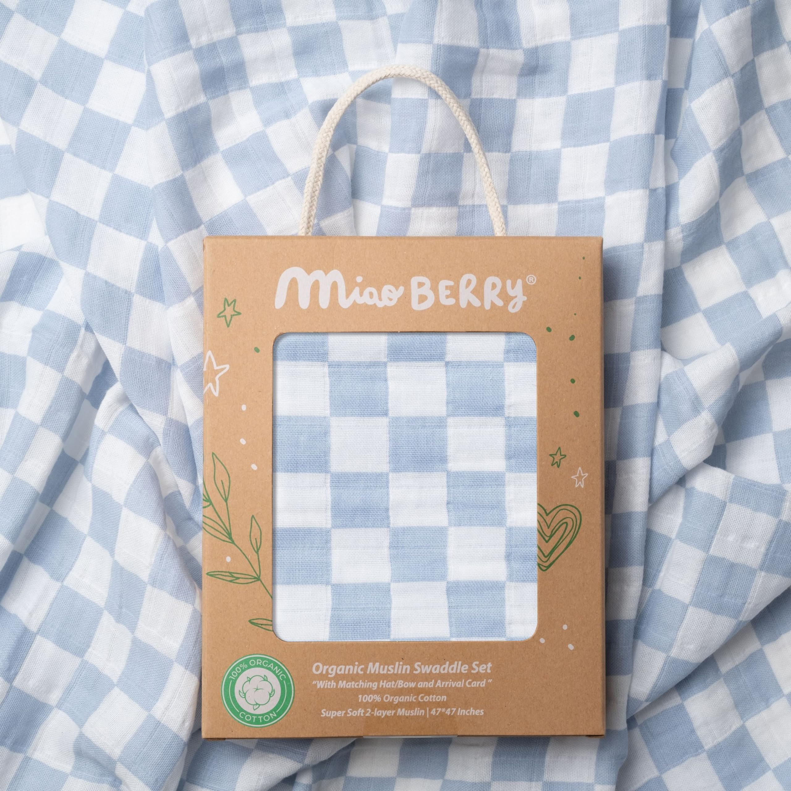 Miaoberry Juego de manta de muselina a cuadros para bebes, 100% algodón orgánico, azul niebla
