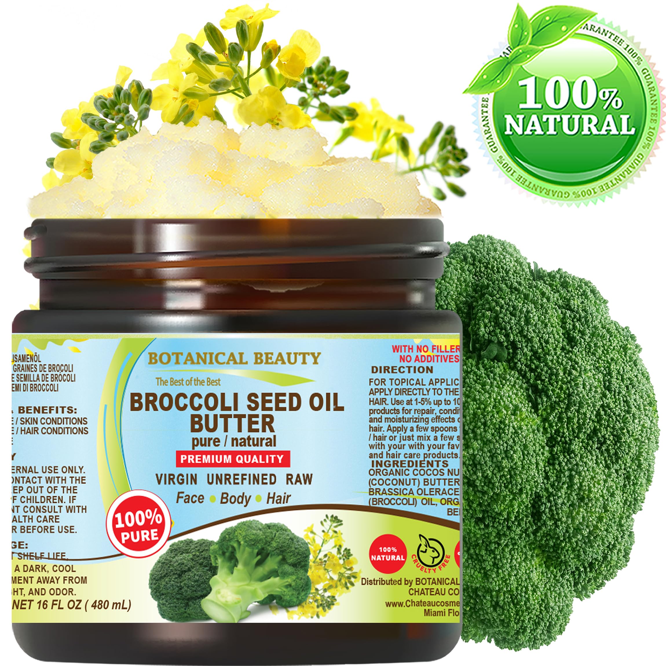 Botanical Beauty BROCCOLI OIL BUTTER 100% Pure Natural VIRGIN UNREFINED Cold-Pressed 16 Fl oz 480 ml for Face, Skin, Body, Hair, Lip, Nails. Rich in Vitamin C, Vitamin E, Omega 3, Omega 6