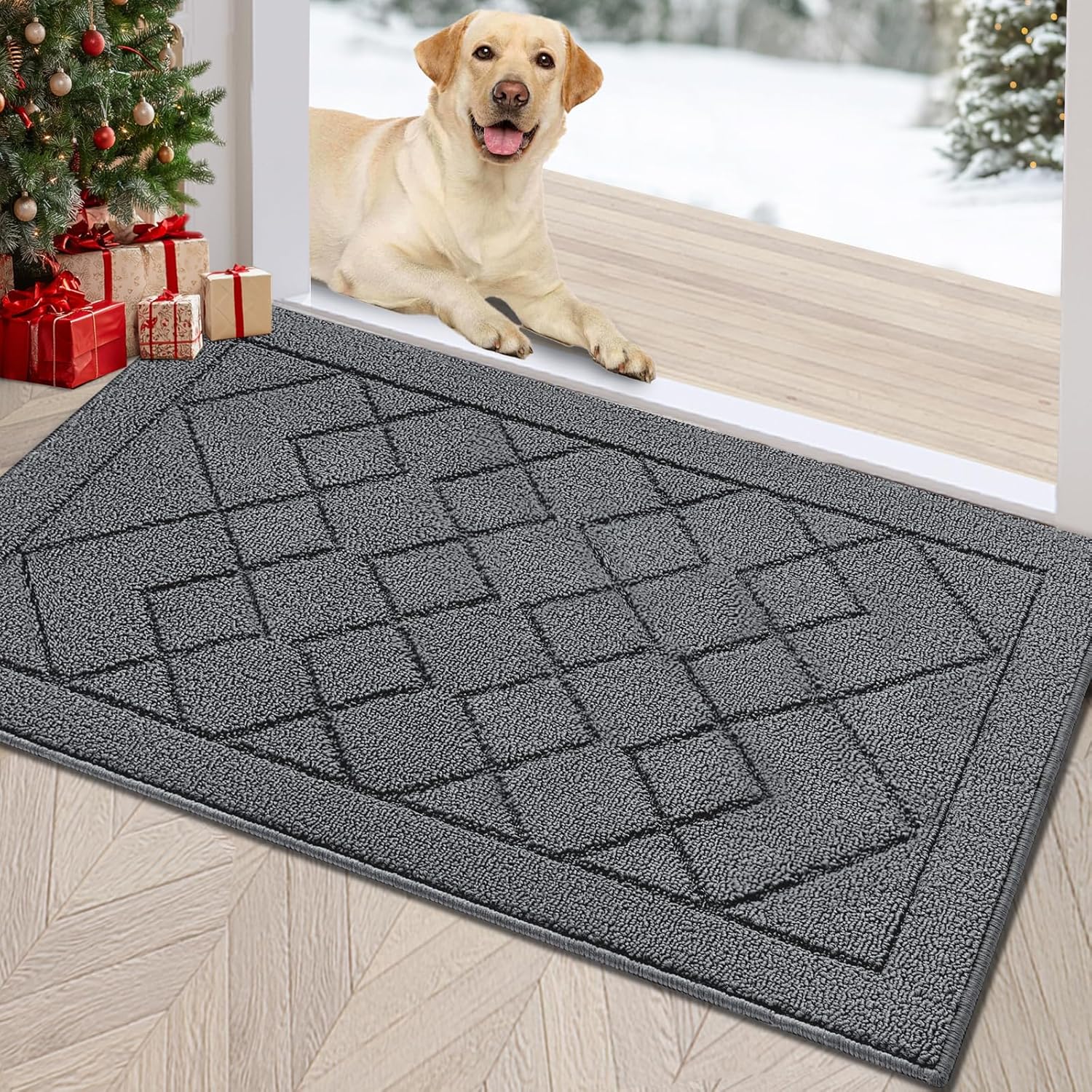 REFETONE Indoor Doormat, Front Back Door Mat 32"x40" Rubber Backing Non Slip Mats, Absorbent Washable Entrance Doormat for Entryway, Resist Dirt Low-Profile Inside Floor Mat for Muddy Shoes Light Grey