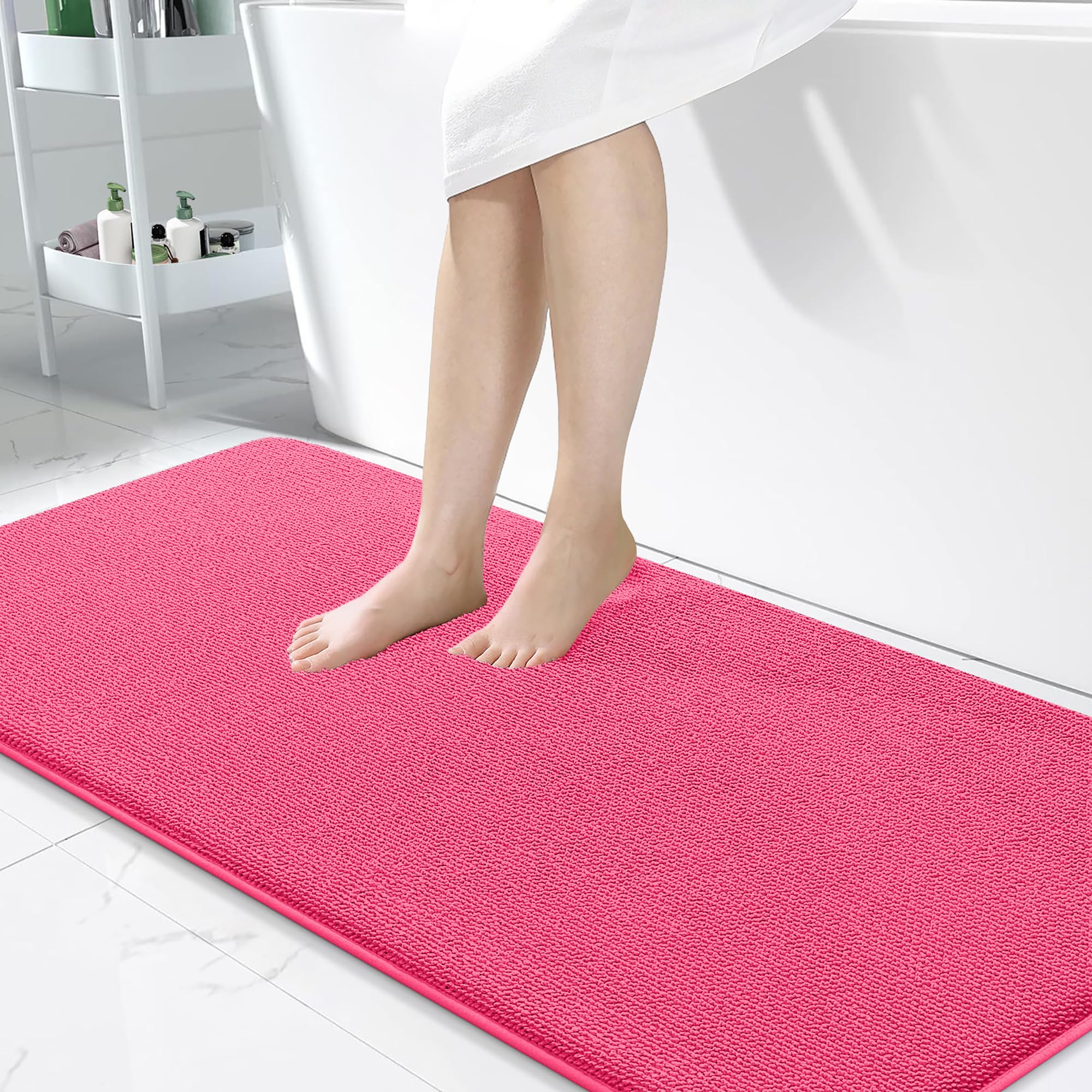OLANLY Memory Foam Bathroom Runner Rugs 47x24, Absorbent Long Mat, Hot Pink
