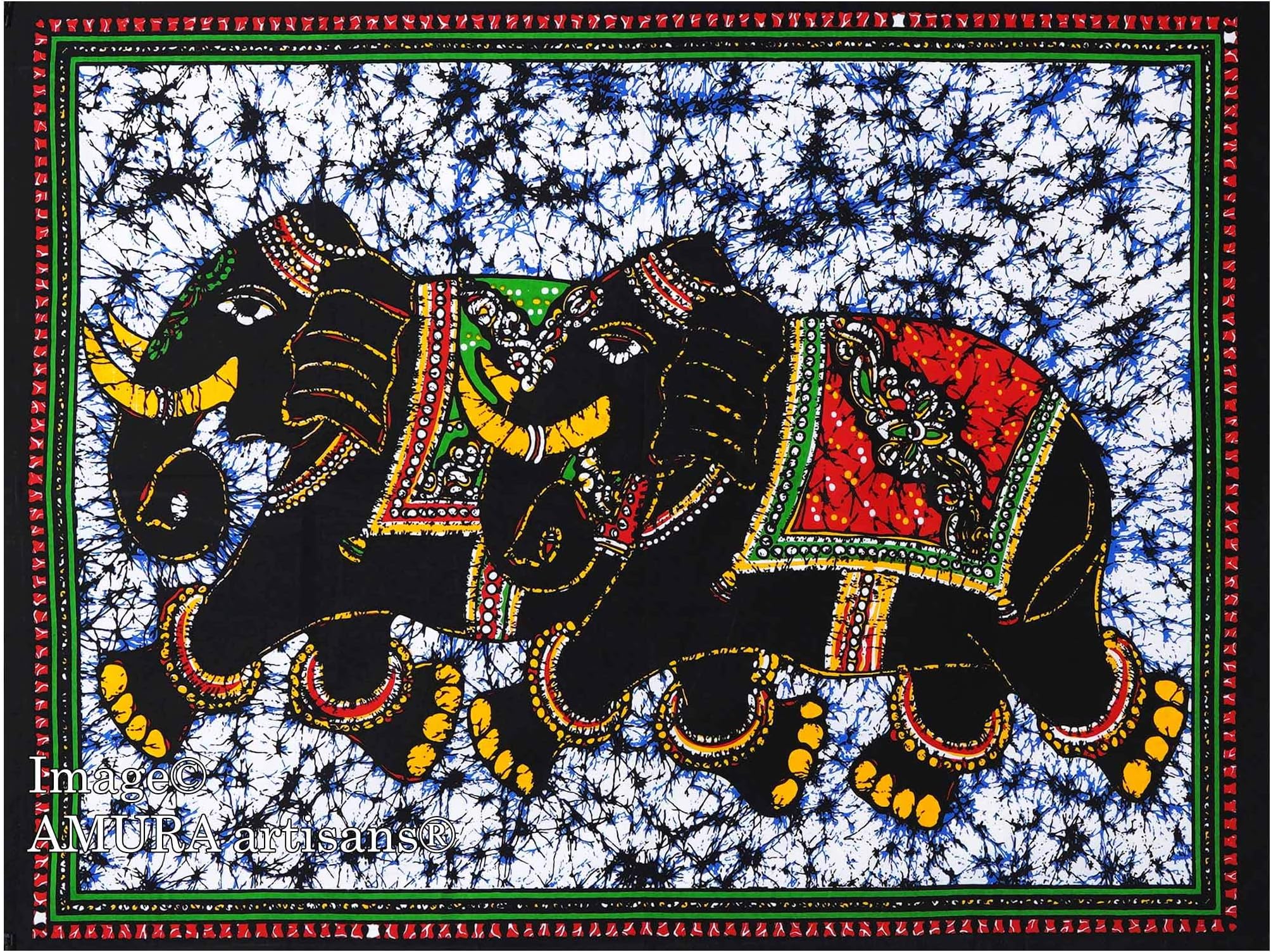 AMURA artisans® 100% Cotton Multicolour Elephant Pair Printed Psychedelic Bohemian Decorative/Tapestry/Wall Hanging (101 cms X 76 cms)