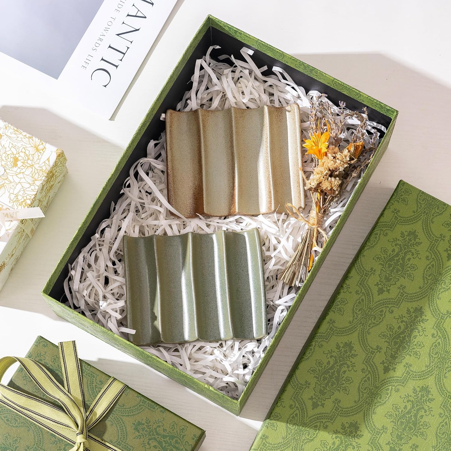 Soap Dish with Drainage, Ceramic Soap Bar Holder Tray for Shower Decorative Square Soap Saver for Bathroom Sink, Kitchen and Countertop White, Retro Green 1 Pcs - Image 9