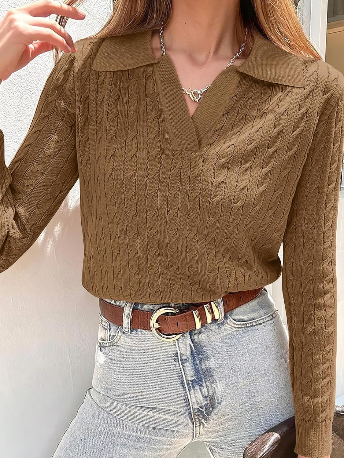 ANRABESS Womens Cable Knit Sweaters Long Sleeve V Neck Sweater Tops Casual Pullover Polo Shirts 2025 Fall Fashion Outfits - Image 2