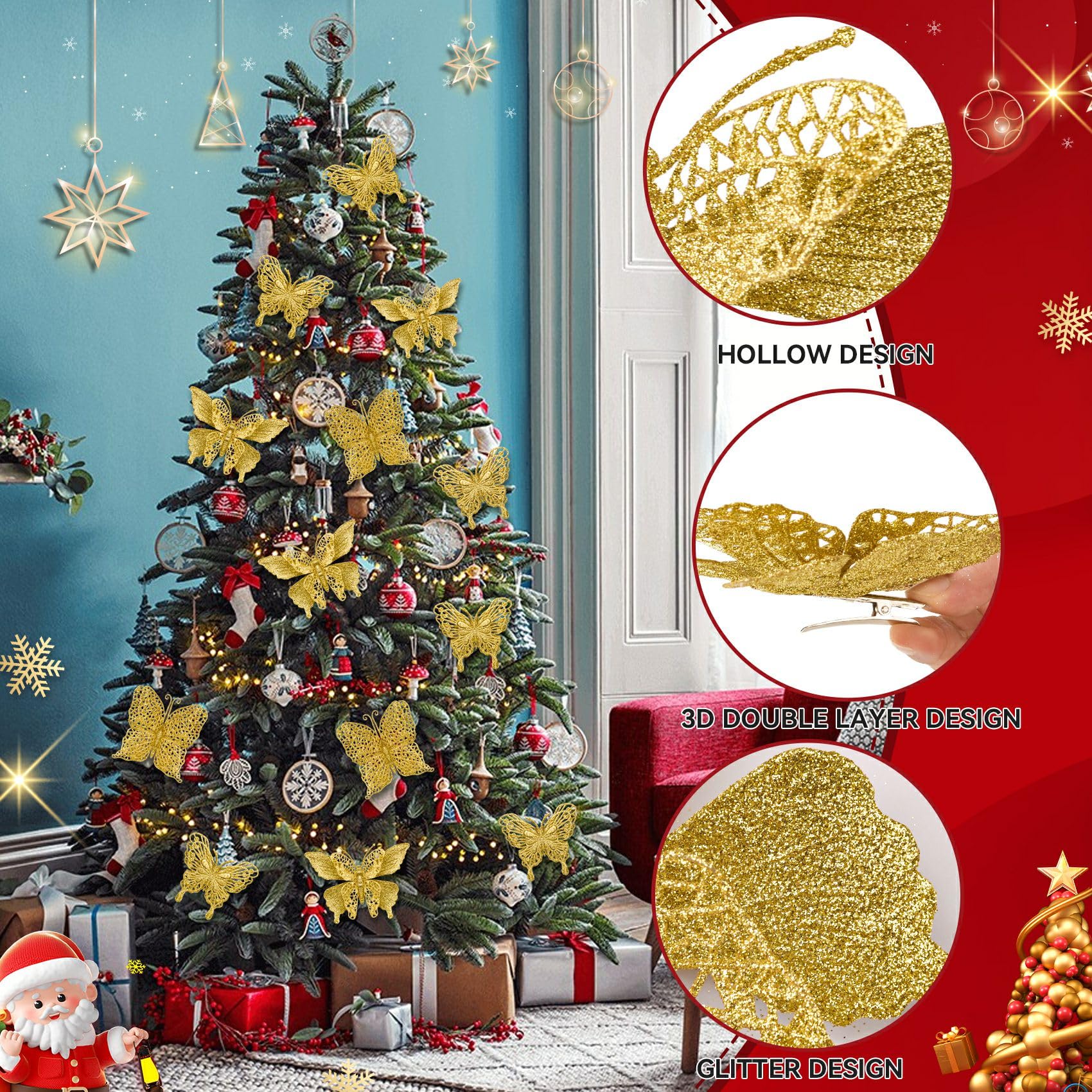 Lot De 3 Papillons Scintillants à Paillettes Pour Décorer Ton Sapin De Noël Ou Ta Maison - 11,5 X 10 Cm - 9