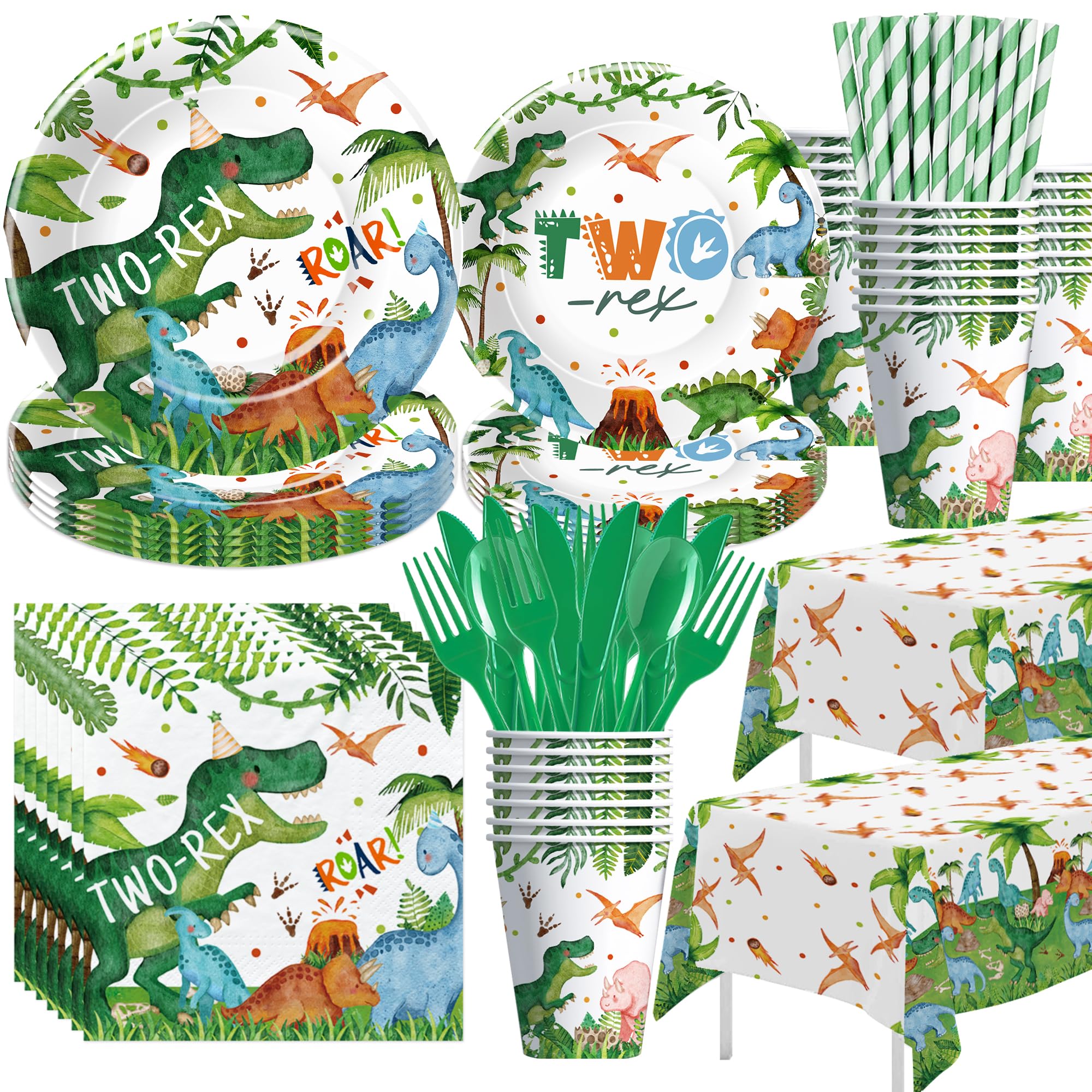 Suhelkit Dinosaur 2nd Birthday Party Supplies For Boy - Dinosaur Theme Dino Two Rex Birthday Decorations Tableware, Disposable Paper Plate, Cup,