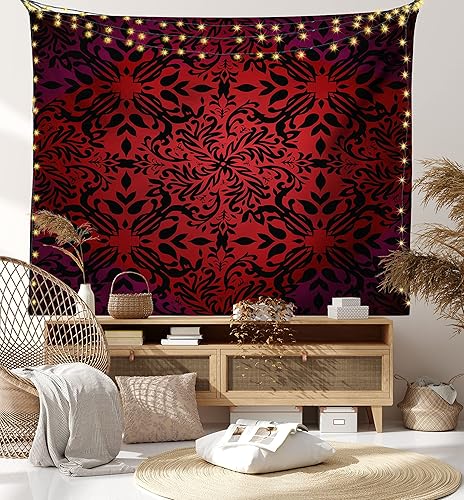 Miniatura 8 de Ambesonne Tapiz rojo y negro, diseño oriental de mandala, marco de flores y hojas, colgante de pared para dormitorio, salón, dormitorio, 60.0 x