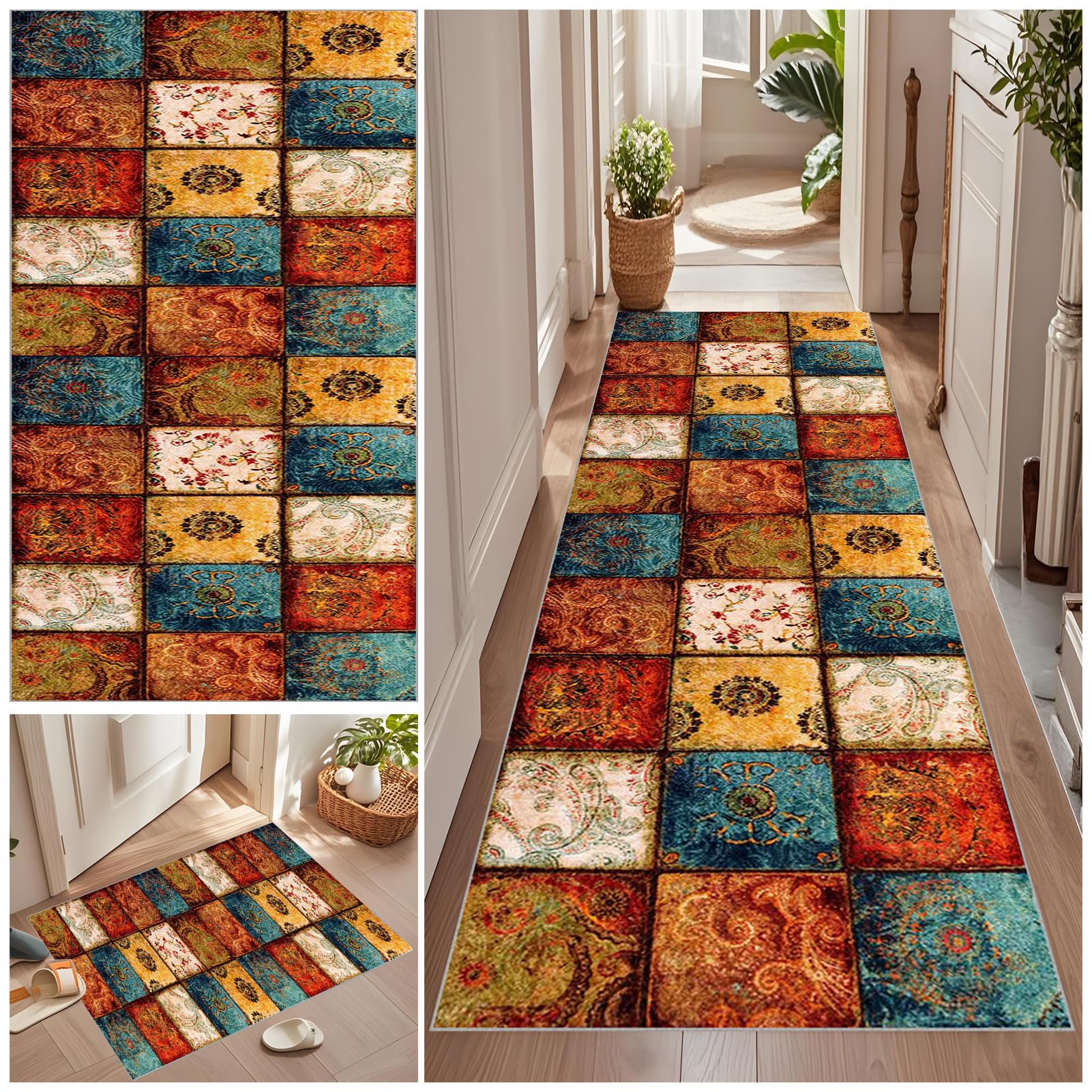 Teppich Läufer 70 x 240 cm Rutschfest Küchenteppich Teppichläufer Flur Vintage Küchenteppich Waschbar Rutschfest Fußmatte Lang Flur Teppich Meterware für Garten Küche Patio Flur Porch auf Maß