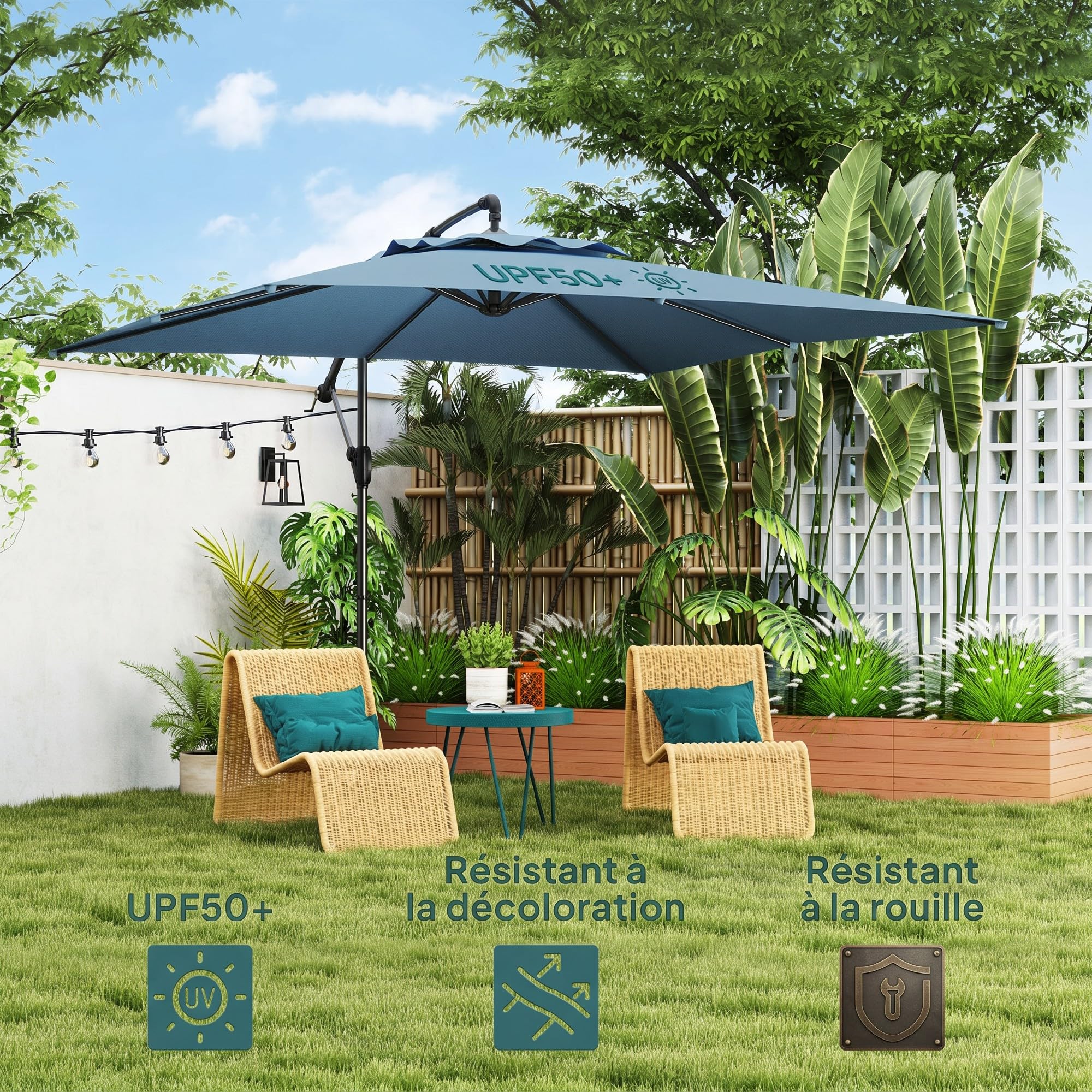 Outsunny Parasol déporté carré 3 x 3 m, parasol de jardin extérieur avec manivelle, base croisée, inclinable et rotation à 360°, toile polyester 180 g/m², protection UV UPF50+