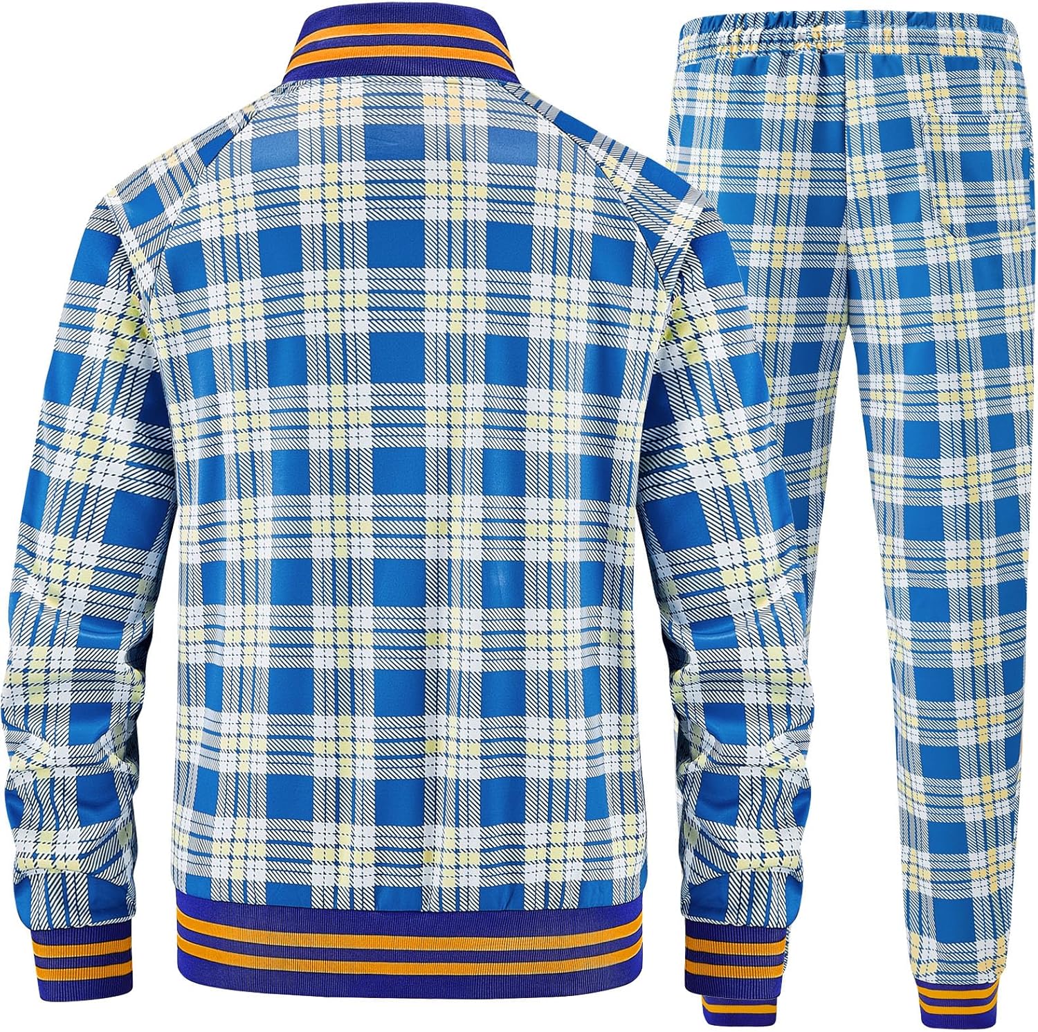 Men Tracksuits Full-zip Long Sleeve Plaid Track Jackets and Pants 2 Piece - Image 3