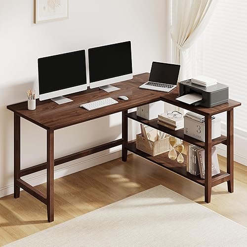Miniatura 10 de IOTXY Reversible L-Shaped Office Desk - 45" Compact Corner Computer Table with Storage Shelves, Solid Wood Legs, Writing & Study Workstation for