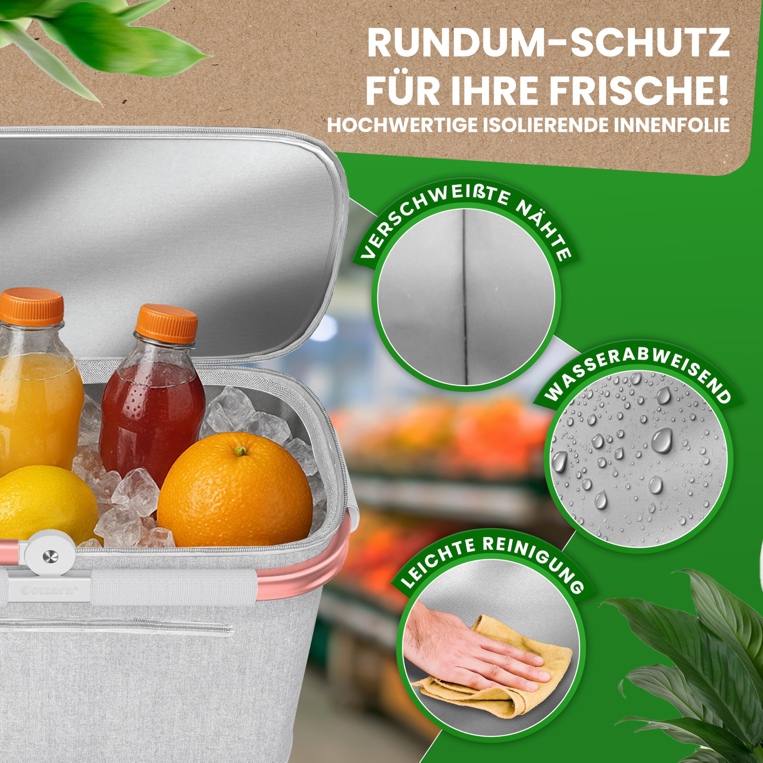 Cottara® Grand panier isotherme avec couvercle, fond renforcé, compartiment avant avec fermeture éclair, idéal comme panier isotherme ou panier de pique-nique (gris clair rose)