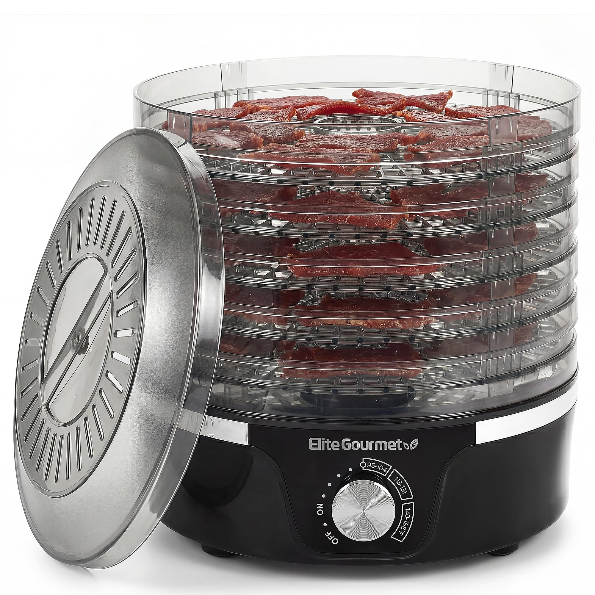 Elite Gourmet EFD319 Food Dehydrator, 5 BPA-Free 11.4" Trays Adjustable Temperature Controls, Jerky, Herbs, Fruit, Veggies, Dried Snacks, Black