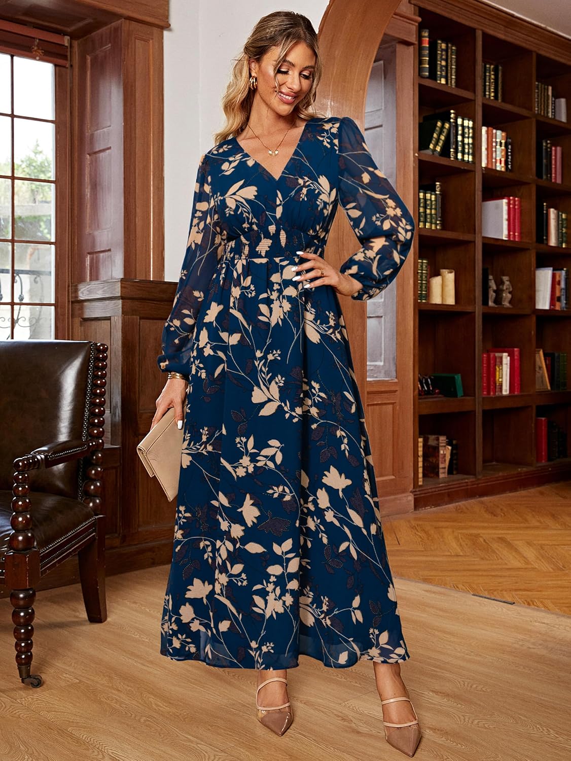 Simplee Women's Boho Floral Maxi Dress Flowy Casual V Neck Short Sleeve Wedding Guest Holiday Beach Long Dress - Image 2