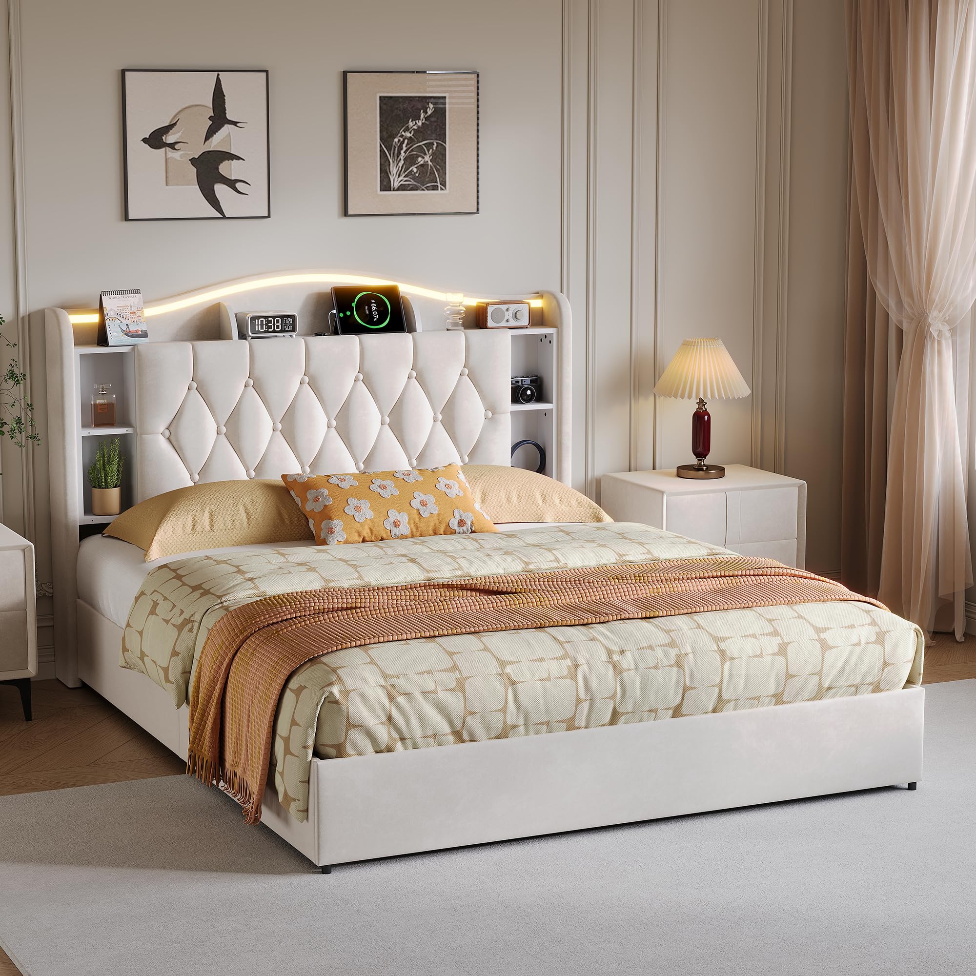 Letto Matrimoniale 160x190 con Contenitore Idraulico, Letto Imbottito in Velluto con LED RGB e USB/Type-C, Testiera con Ripiani Portaoggetti, Struttura Letto con Rete a Doghe (Beige-a, 160x190)