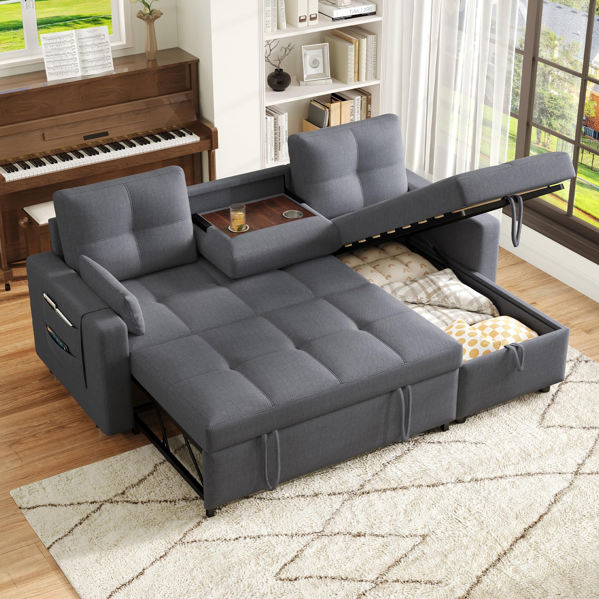 Divano angolare a L con funzione letto,Divano a 3 posti con letto estraibile e portabicchieri pieghevole,divano trasformabile con vano contenitore,tessuto di lino,per soggiorno,Grigio