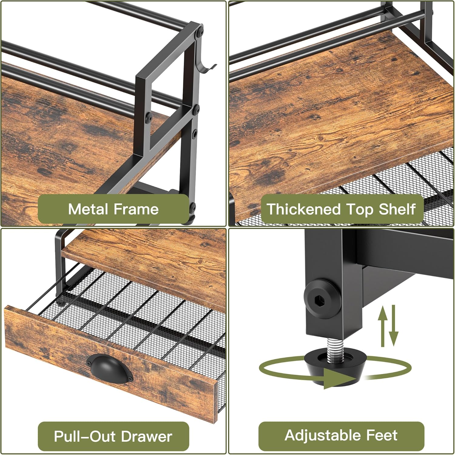 Coffee Syrup Rack Organizer, 3 Tier Countertop Storage Shelves with 35 K Cup Drawer, 8 Syrup Bottle Stand Holder for Wine, Kitchen Coffee Station Organizer Rack, Rustic Brown