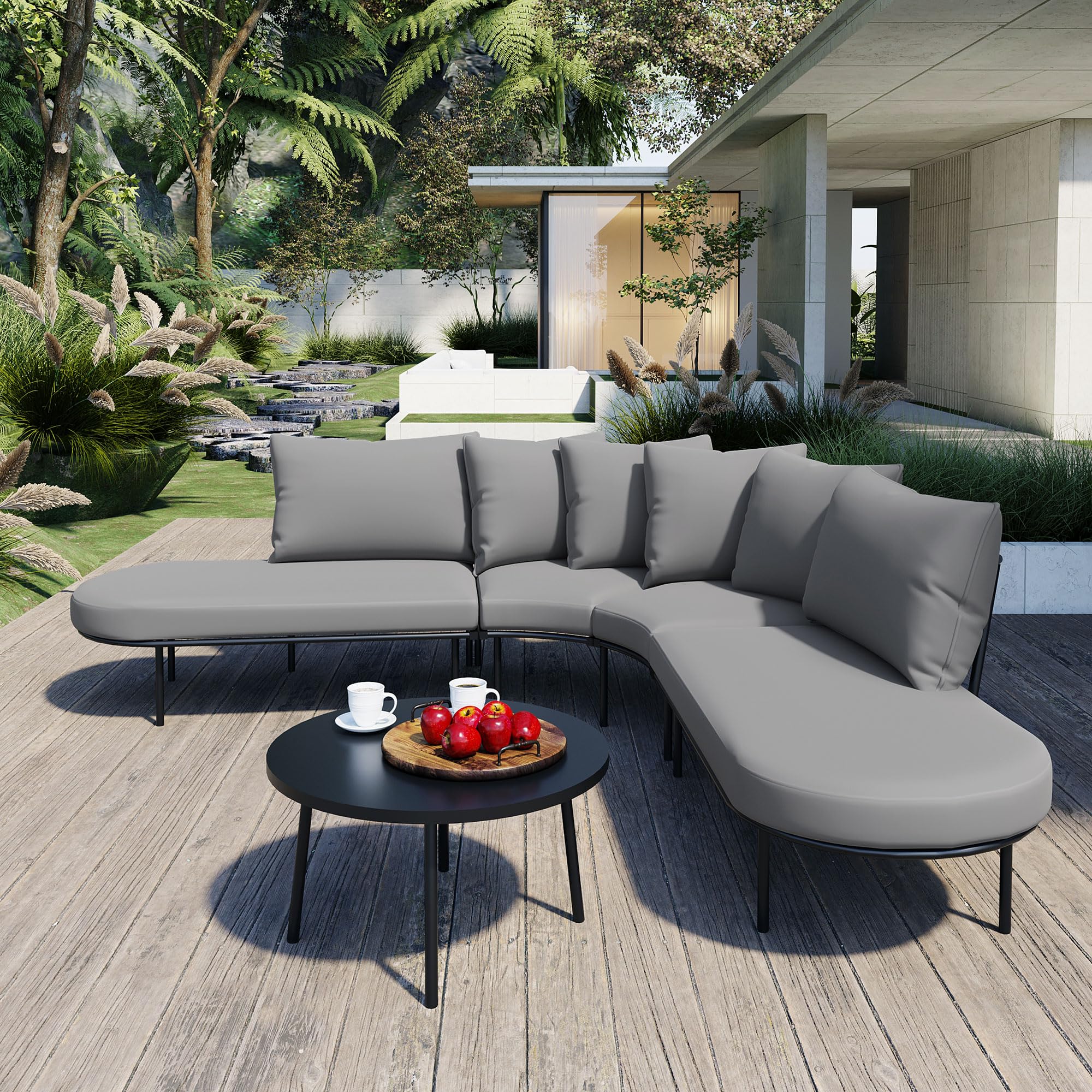 Quarte Patio Half- Moon Curved Outdoor Furniture Sofa Set with Coffee Table,All Weather Iron Frame Conversation Set for 6 People, Heavy-Duty Spacious