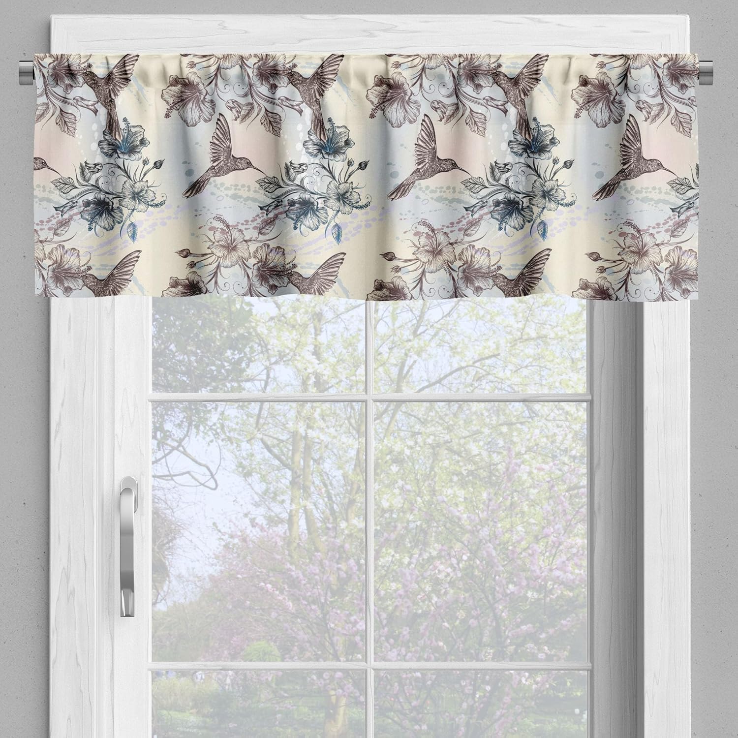 Ambesonne Hummingbird Valance & Tier Curtain 3 pcs Set, Birds and Hibiscus Flowers Nostalgia Antique Design Classical Print, Window Treatments for Room Kitchen Decor, 55" x 24", Teal Brown