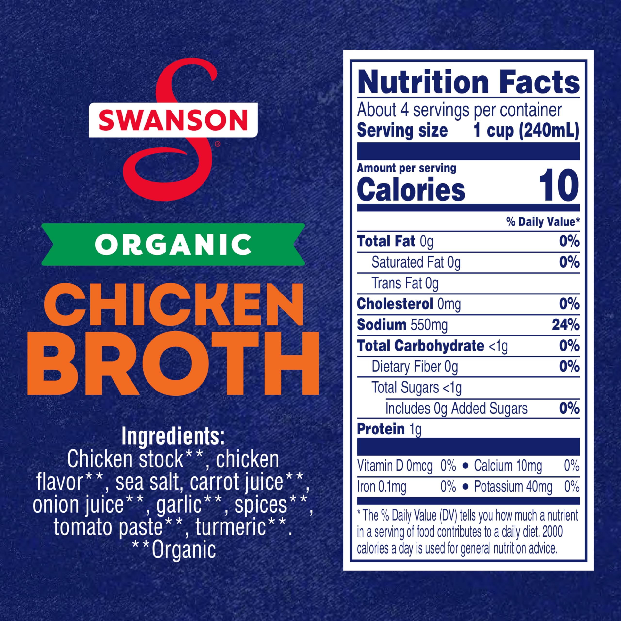 SWANSON S 100% Natural Organic Chicken Broth, 32 oz Carton