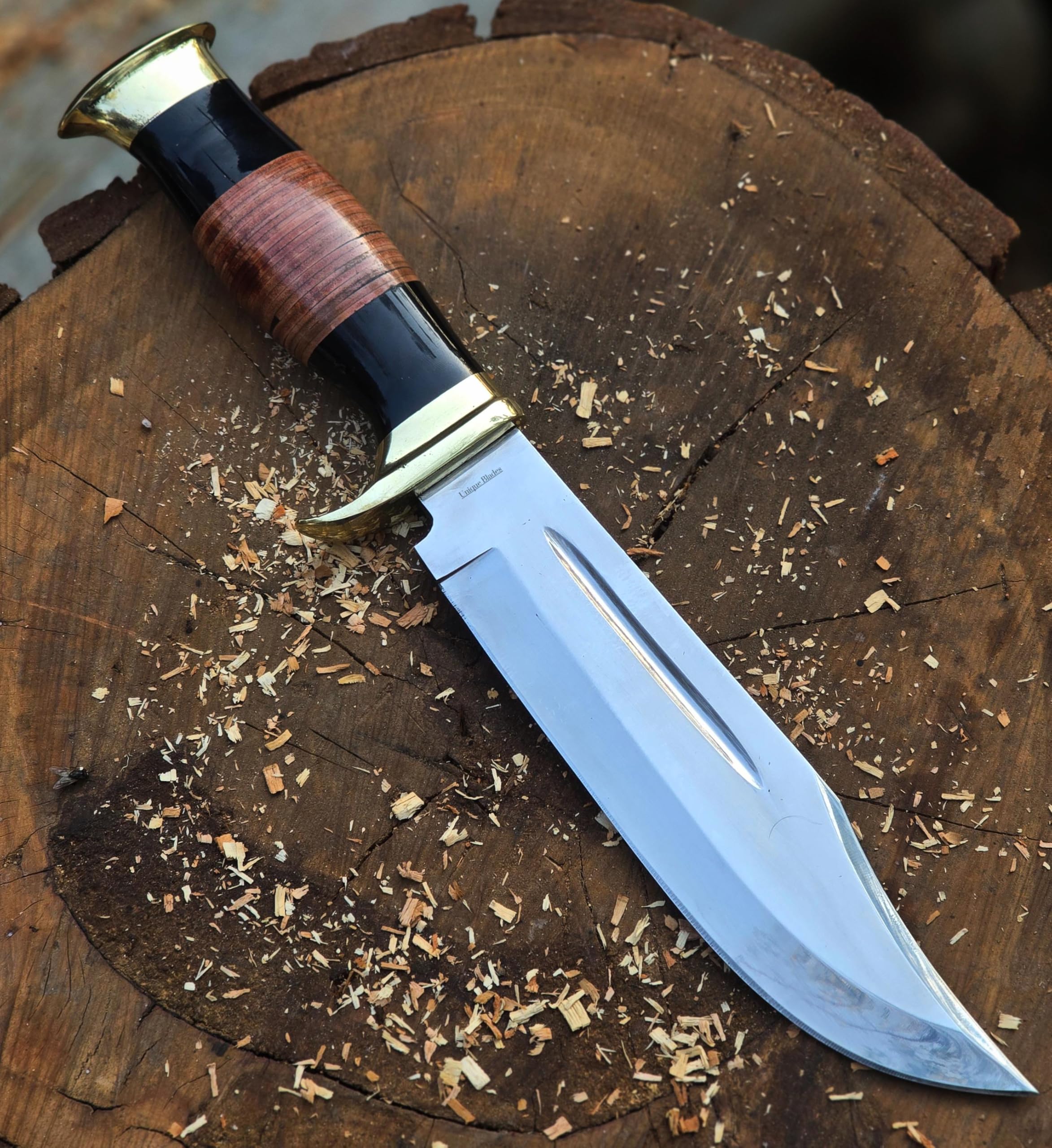 Jagdmesser mit Scheide, 1095 Stahl, Hochglanz Full-Tang, Micarta-Messinggriff, Feststehende Klinge
