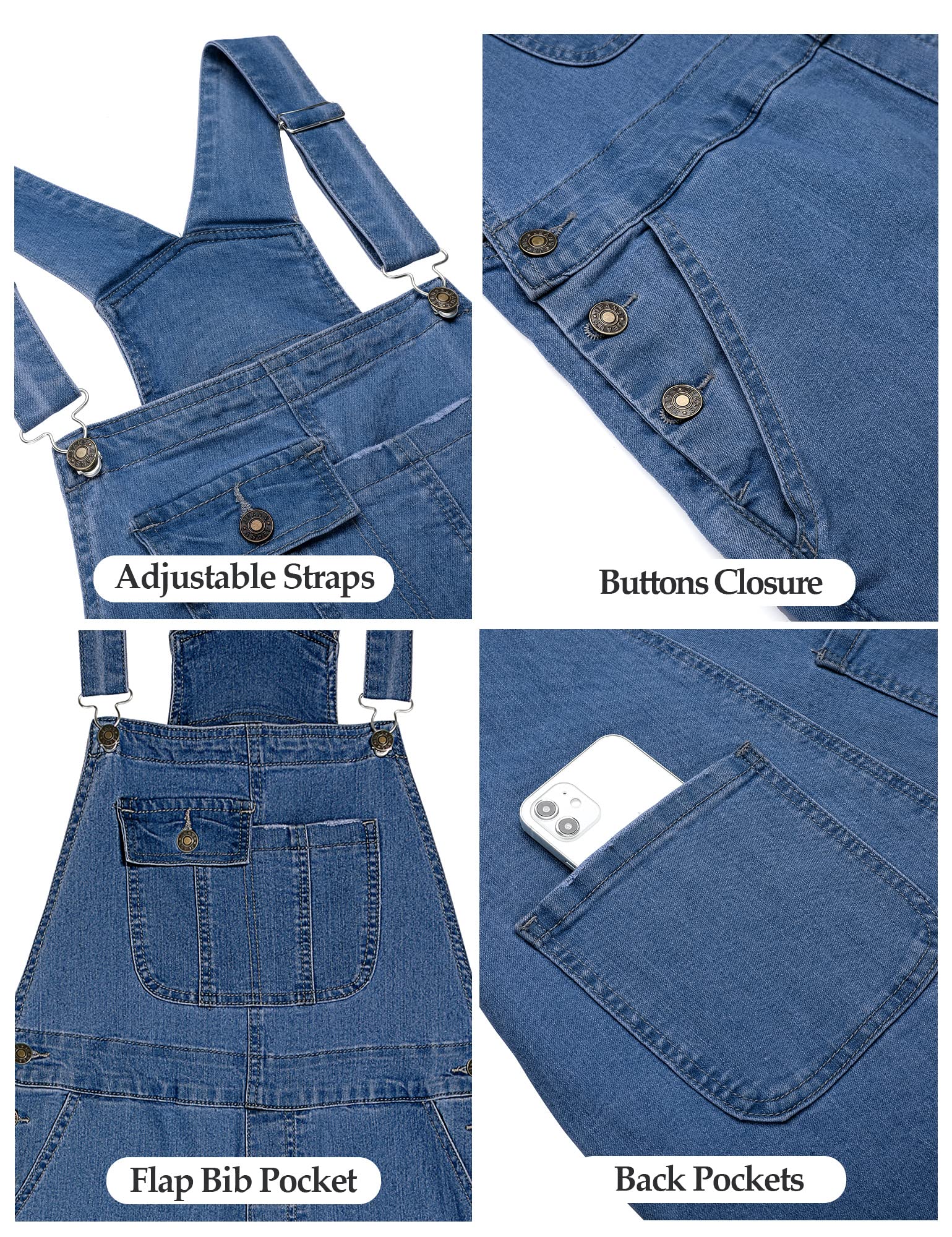 Roskiky Salopette da donna in denim, elasticizzati, dritta, in jeans, vestibilità normale, con cinghie regolabili