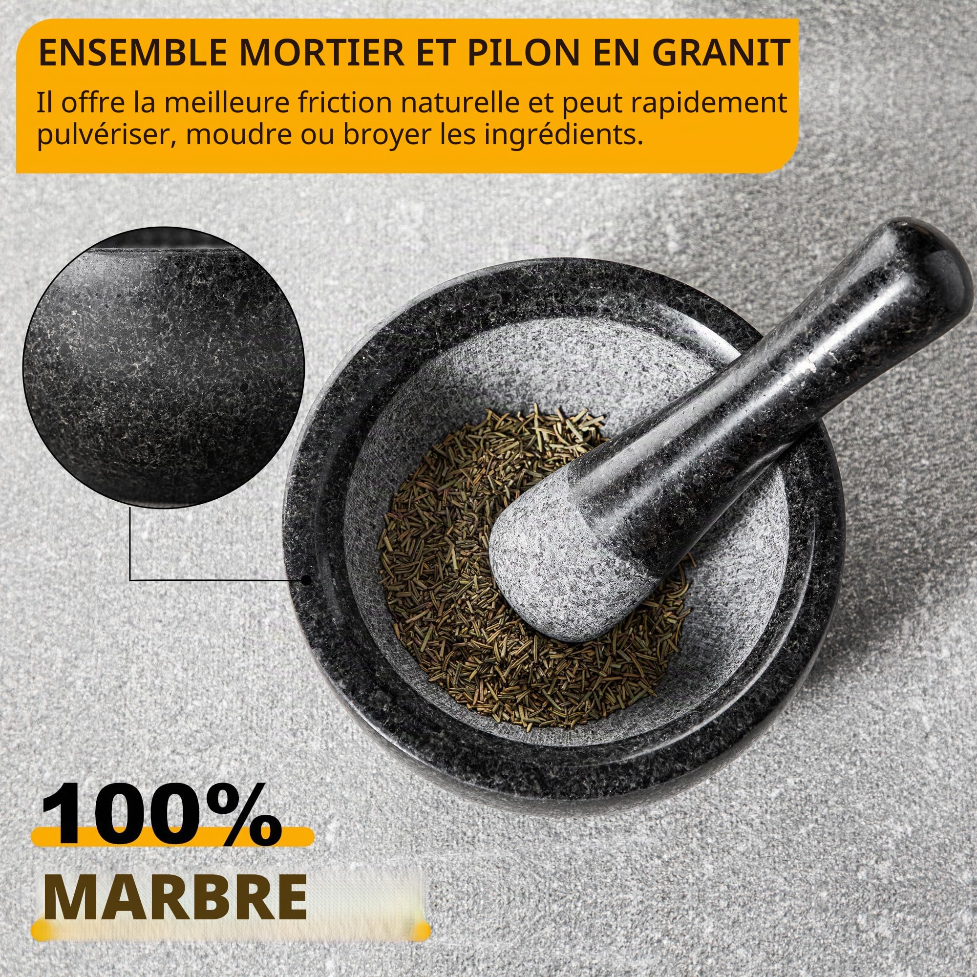 Velaze Mortier et Pilon Cuisine en Granit, pour Epices et Herbes, Diamètre de 16cm, Emsemble de Mortier, Poli Pierre Naturelle
