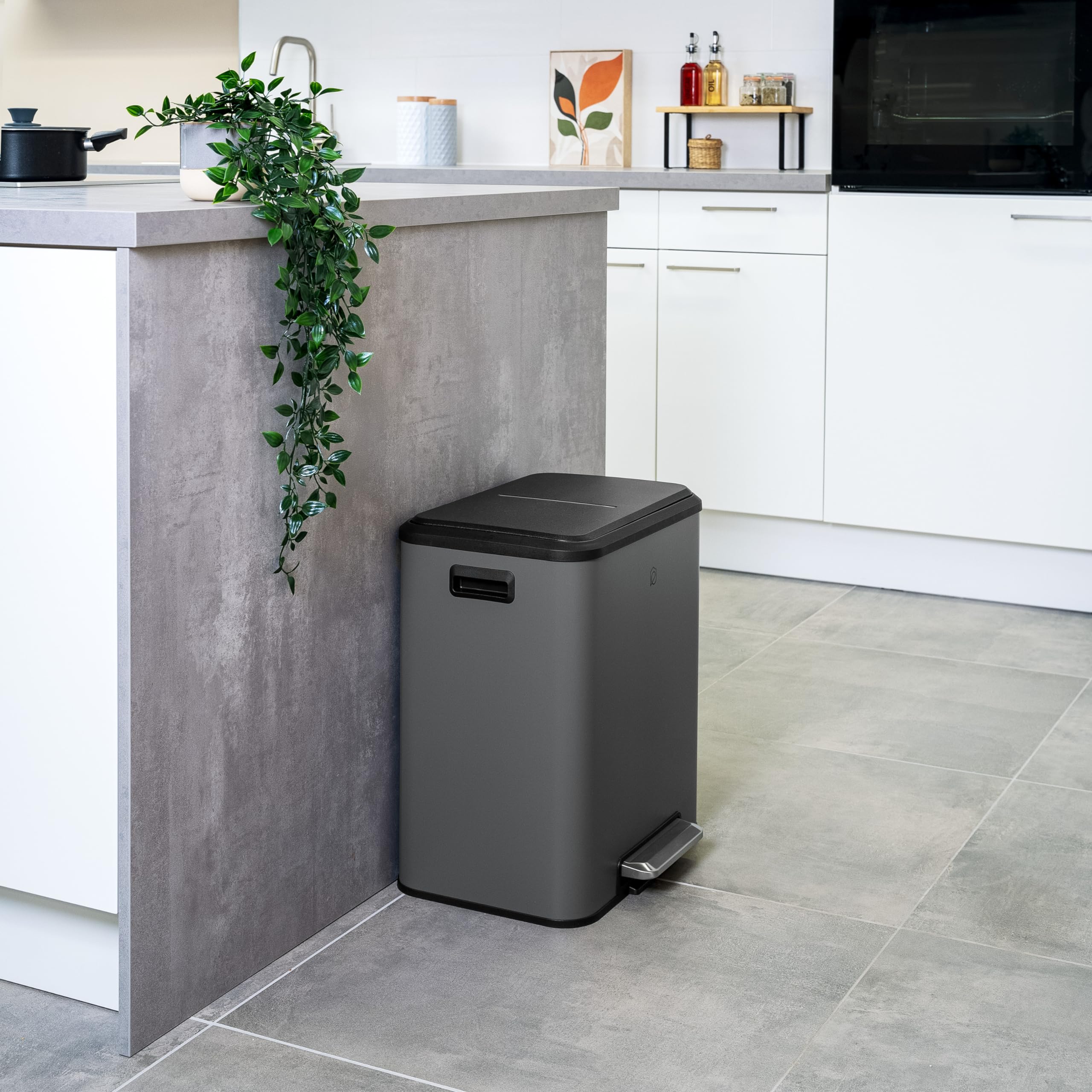 eluno Pattumiera a pedale ? 2 scomparti da 15 litri ciascuno, secchio interno estraibile in plastica, manici laterali, pedale grande, sistema di raccolta differenziata (Grigio)