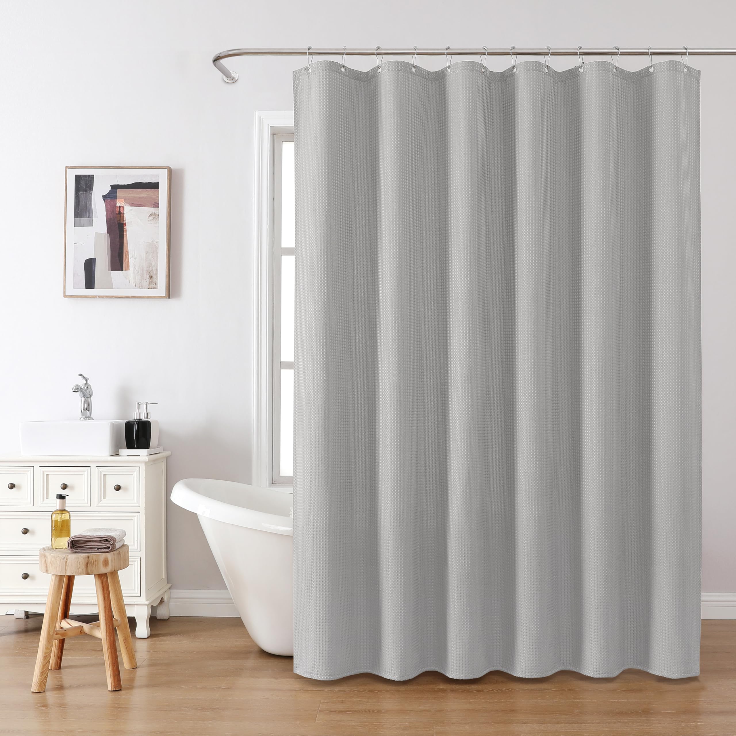 VANZAVANZU Shower Curtain for Bathroom with Metal Hooks Waffle Fabric Shower Curtain Heavy Duty Bath Curtain for Wet Room Bathtub Shower Stall Weighted Hem - Image 2