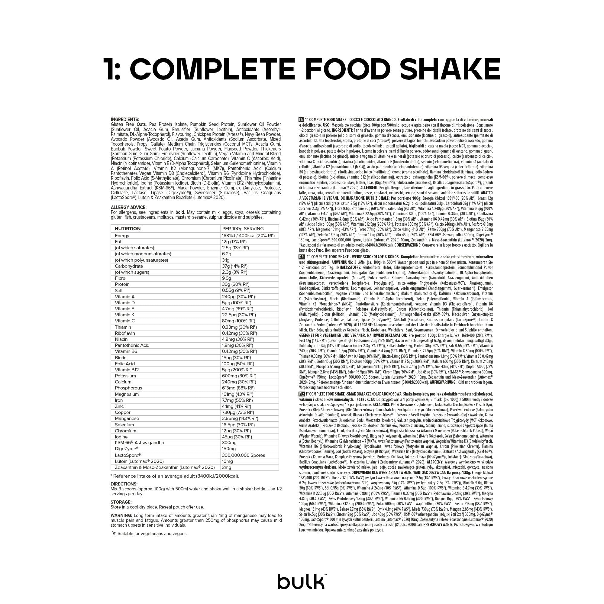Bulk 1 Complete Food Shake, Sostituto completo del pasto, vegano, Cocco e cioccolato bianco, 3kg, 30 porzioni