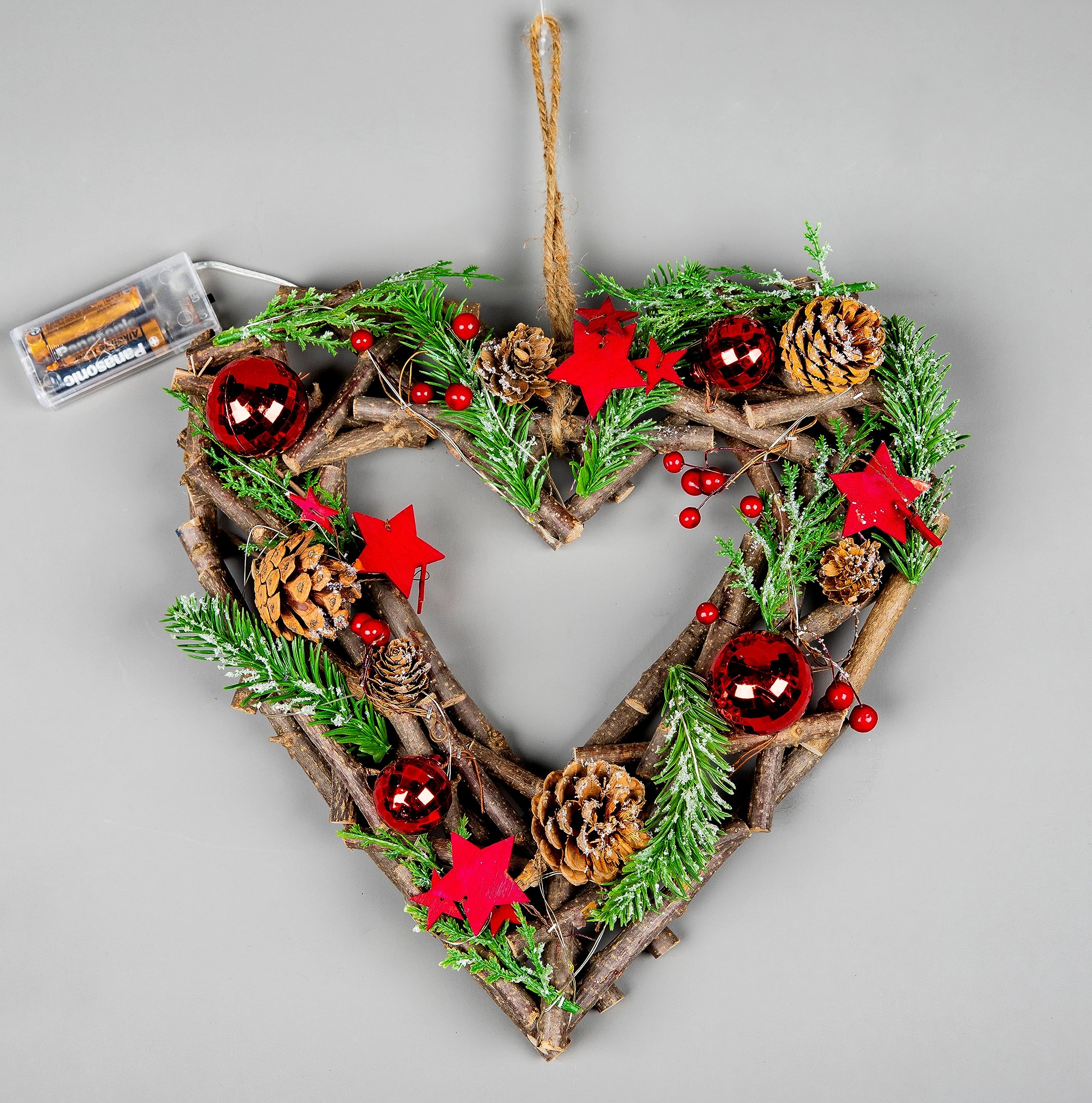 30cm Prelit Heart Wreath Battery Operated - Wooden Twigs Base Decorated with Red Baubles,Berries,Stars,Foliage,Pine Cones, Micro Rice LED Lights - Christmas Home Hanging Decoration