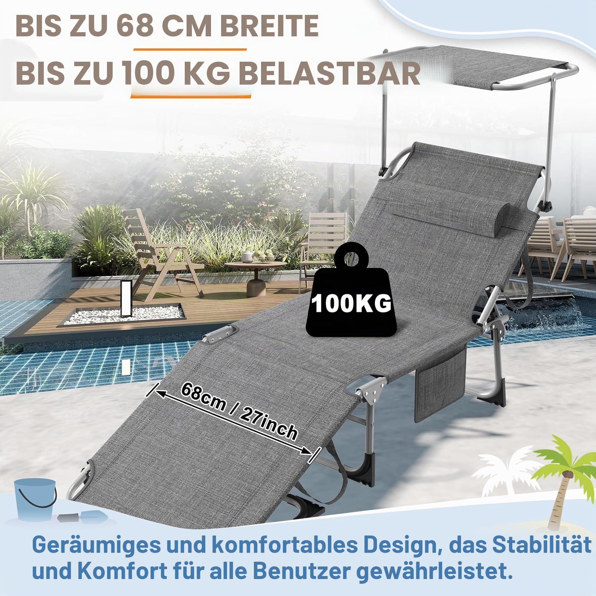 LZQ 2X Sonnenliege Liegestuhl Klappbar mit Sonnendach & Seitentasche, Gartenliege aus 600D Oxford-Gewebe, 194x68x30 cm, für Terrasse, Balkon, Camping & Outdoor, Belastbar bis 100 kg (Leinen Grau)