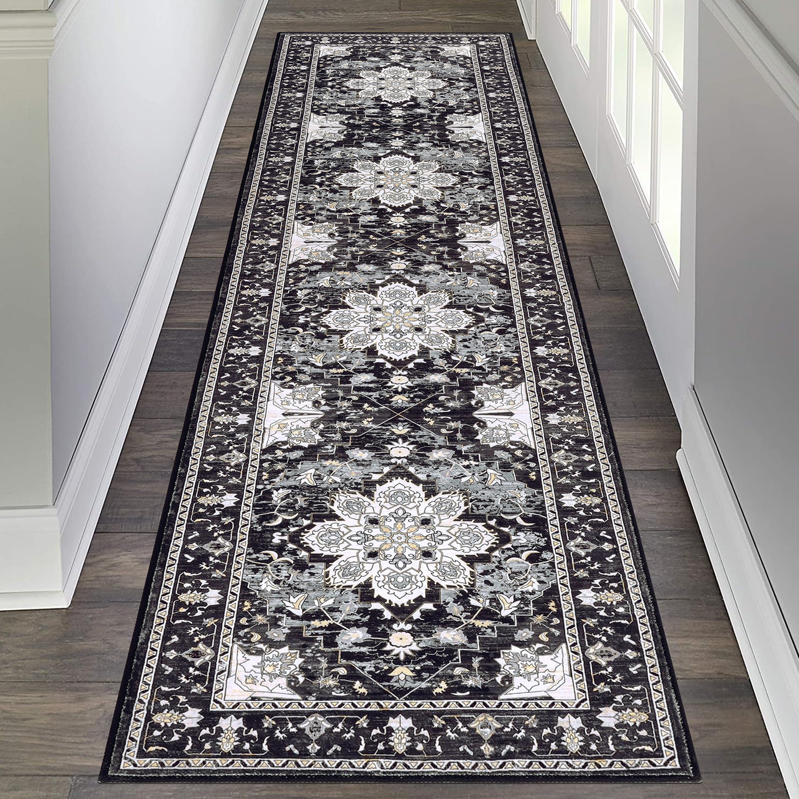 BsmathomWashable Runner Rug 2x10 Hallway Rug Runner Vintage Distressed Non Slip Entrance Accent Rug, Indoor Farmhouse Carpet Runner for Bedroom Living Room Entrane, Grey