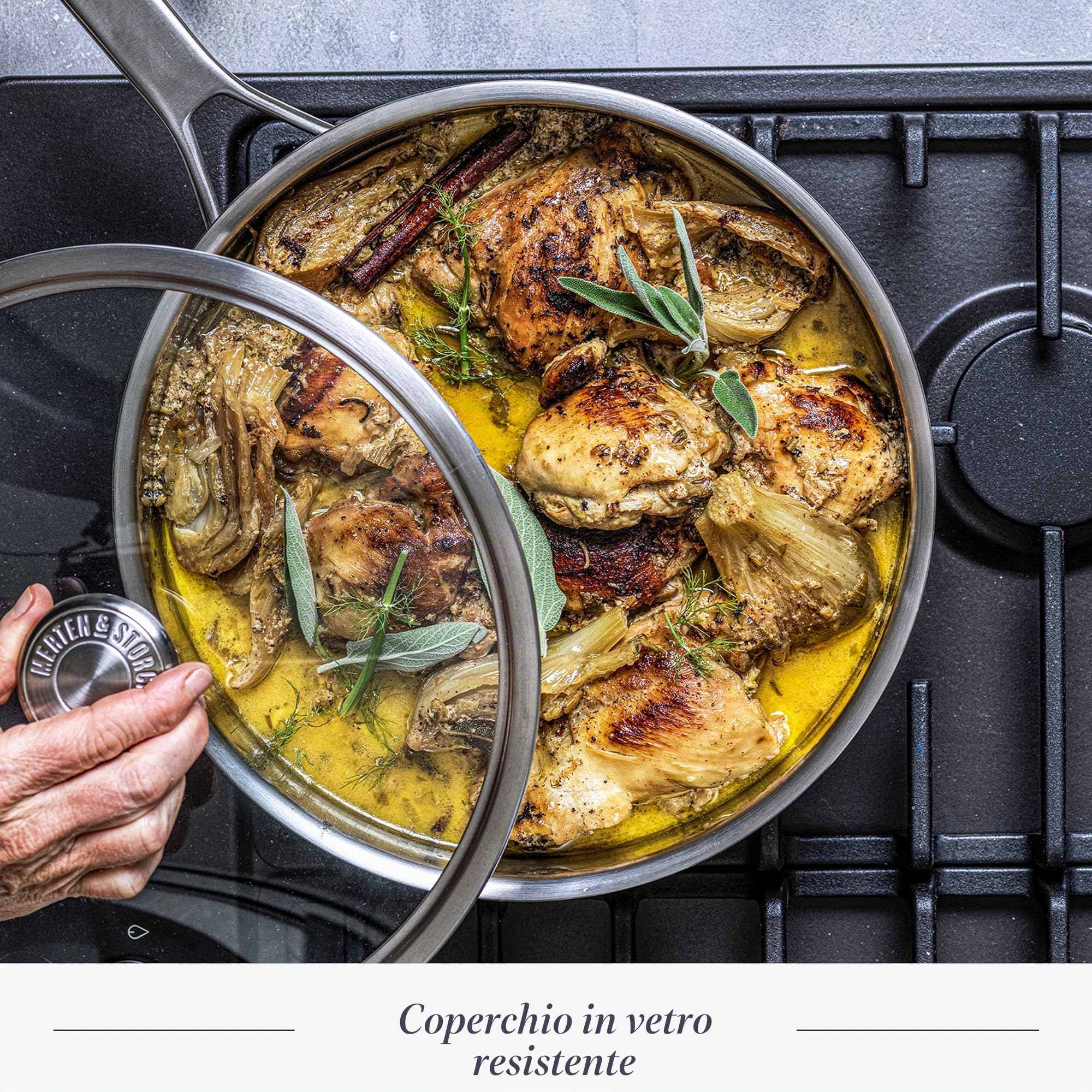 Merten & Storck Pentola a Induzione, Acciaio Inox 18 cm/2 L con Coperchio, Professionale, Multistrato, Segni di Misura, Cerchietti antigoccia, Coperchio in Vetro, Lavabile in Lavastoviglie e in Forno