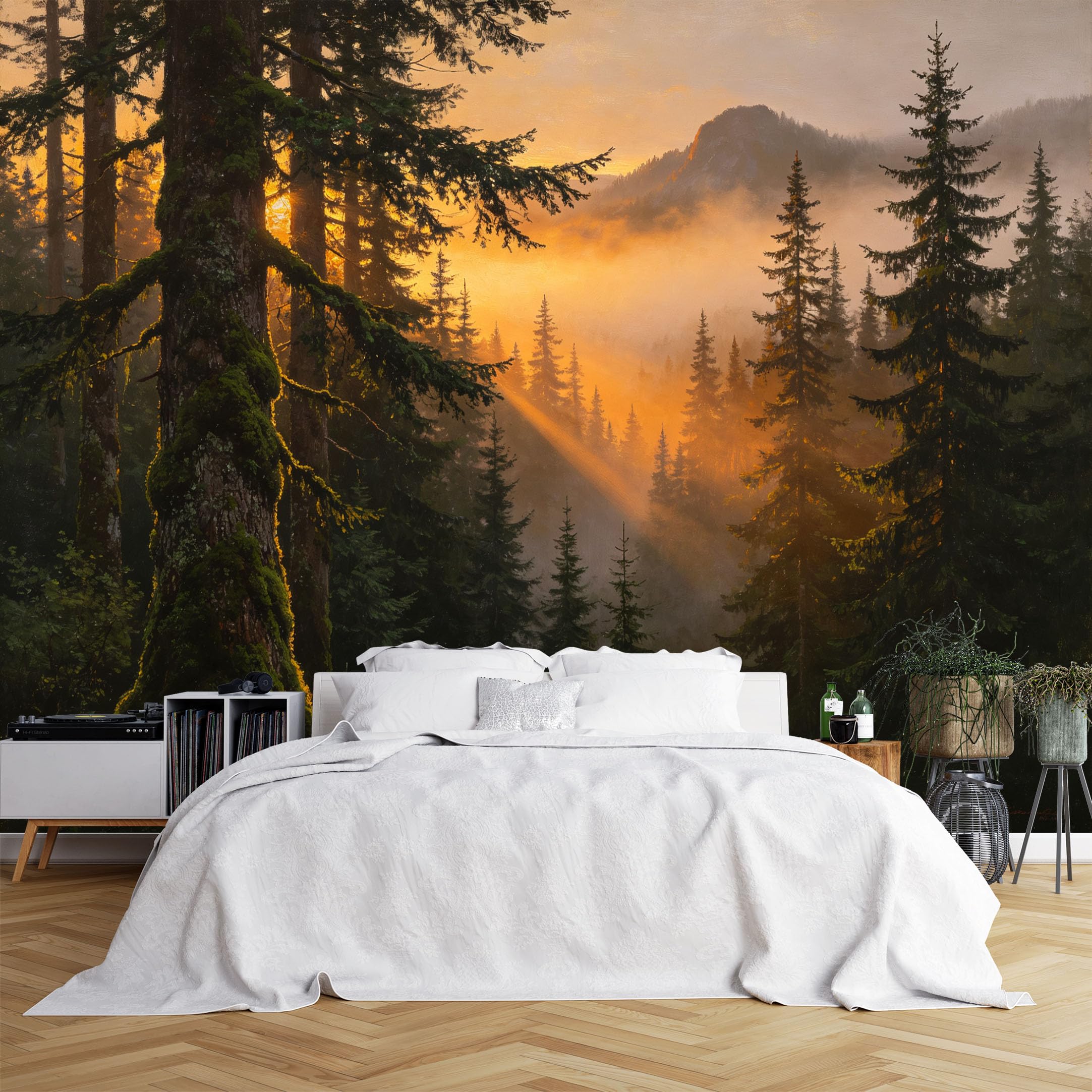 Custom Size Wall Murals Misty Pine Forest at Sunset Wallpaper, Full Wall Self-Adhesive Removable Wallpaper for Living Room, Bedroom