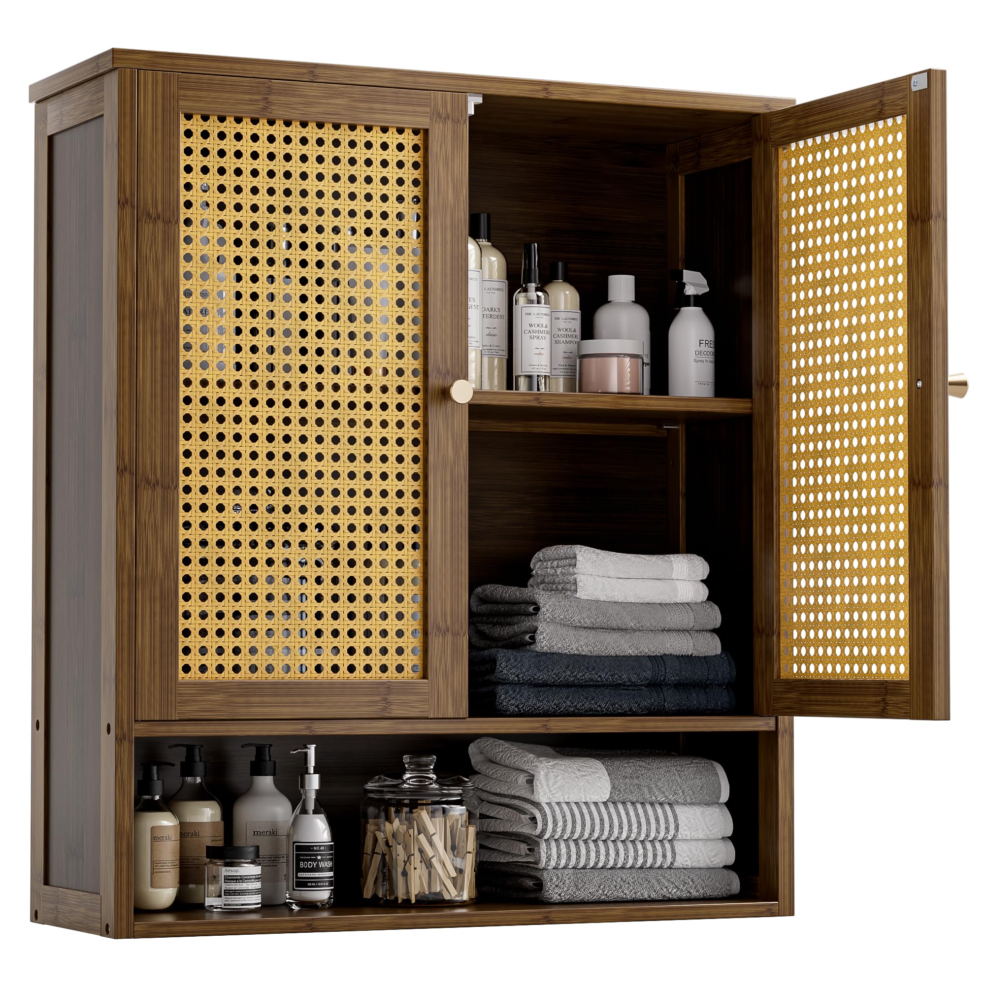 Armoire Murale de Salle de Bain en Bambou avec 2 Portes en rotin et étagère réglable, Armoire à Pharmacie économiseur d'espace pour Linge, Cuisine, Salon (Noyer)