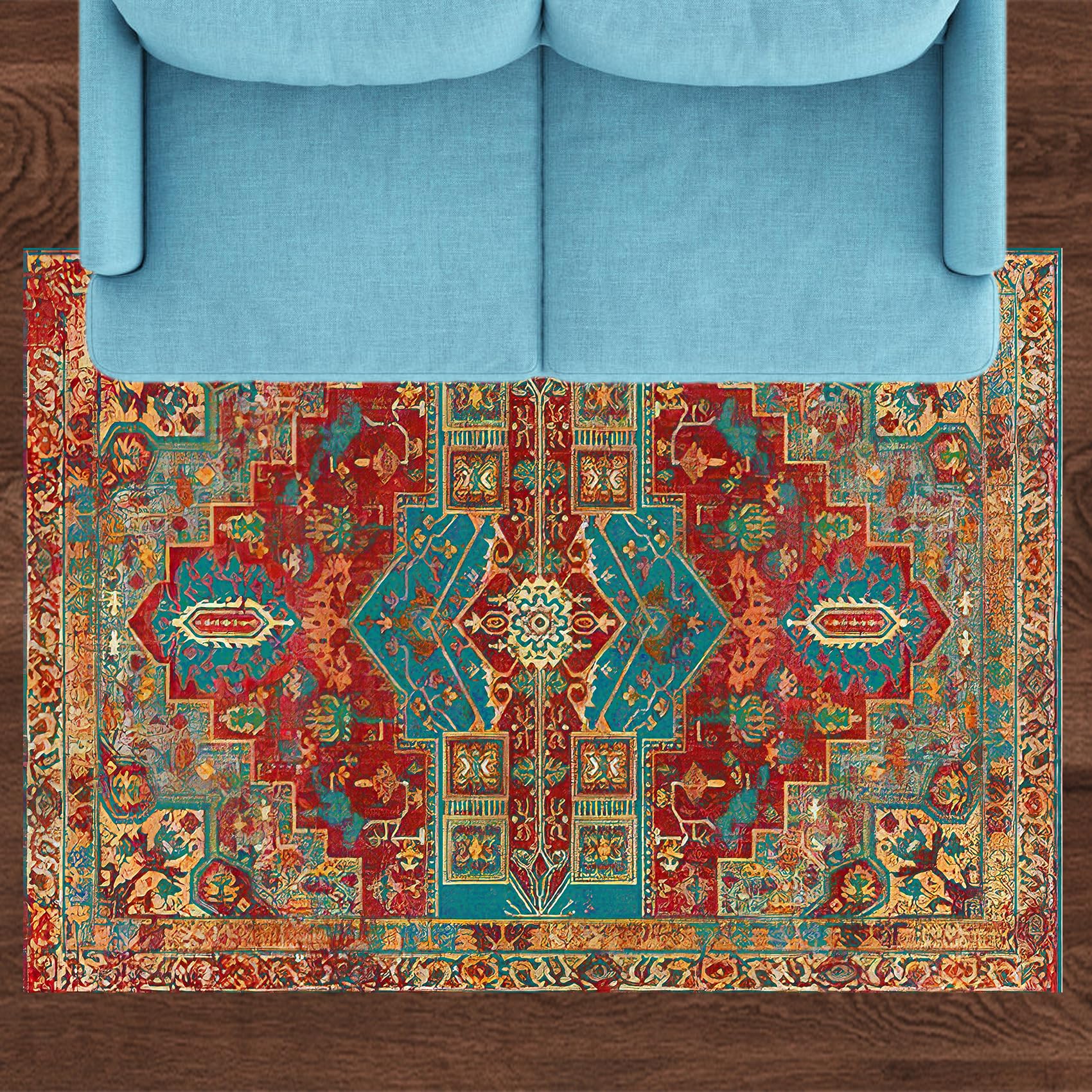 Tapis floral bleu sarcelle 120x120 cm au design vintage raffiné
