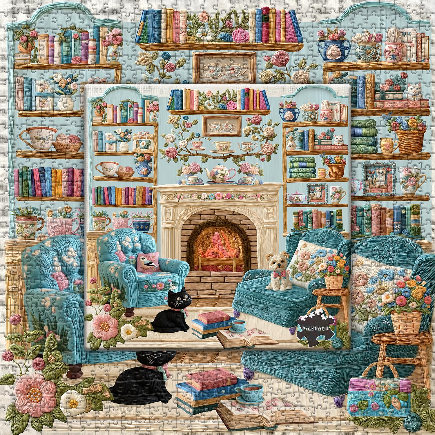 PICKFORU Cozy Puzzles for Adults 1000 Pieces, Dog Puppy Cat Jigsaw Puzzle Bookshelf Teacups, Embroidery Aesthetic Puzzle Cabin, Unique Modern Art Jigsaw Challenging - Image 7