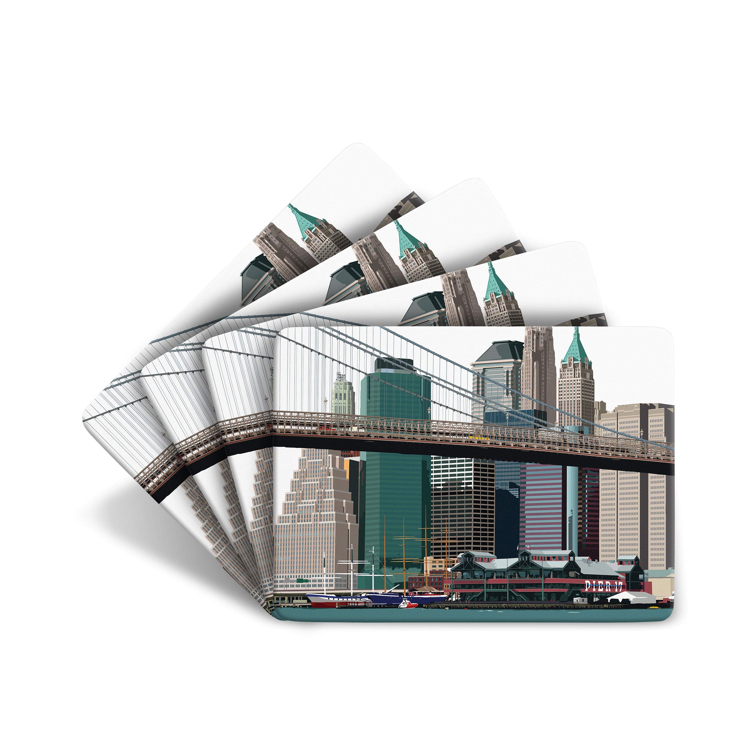 Leslie Gerry Multicolor New York Pier 17" Set Of 4 Table Mats Placemat - American Usa Gift