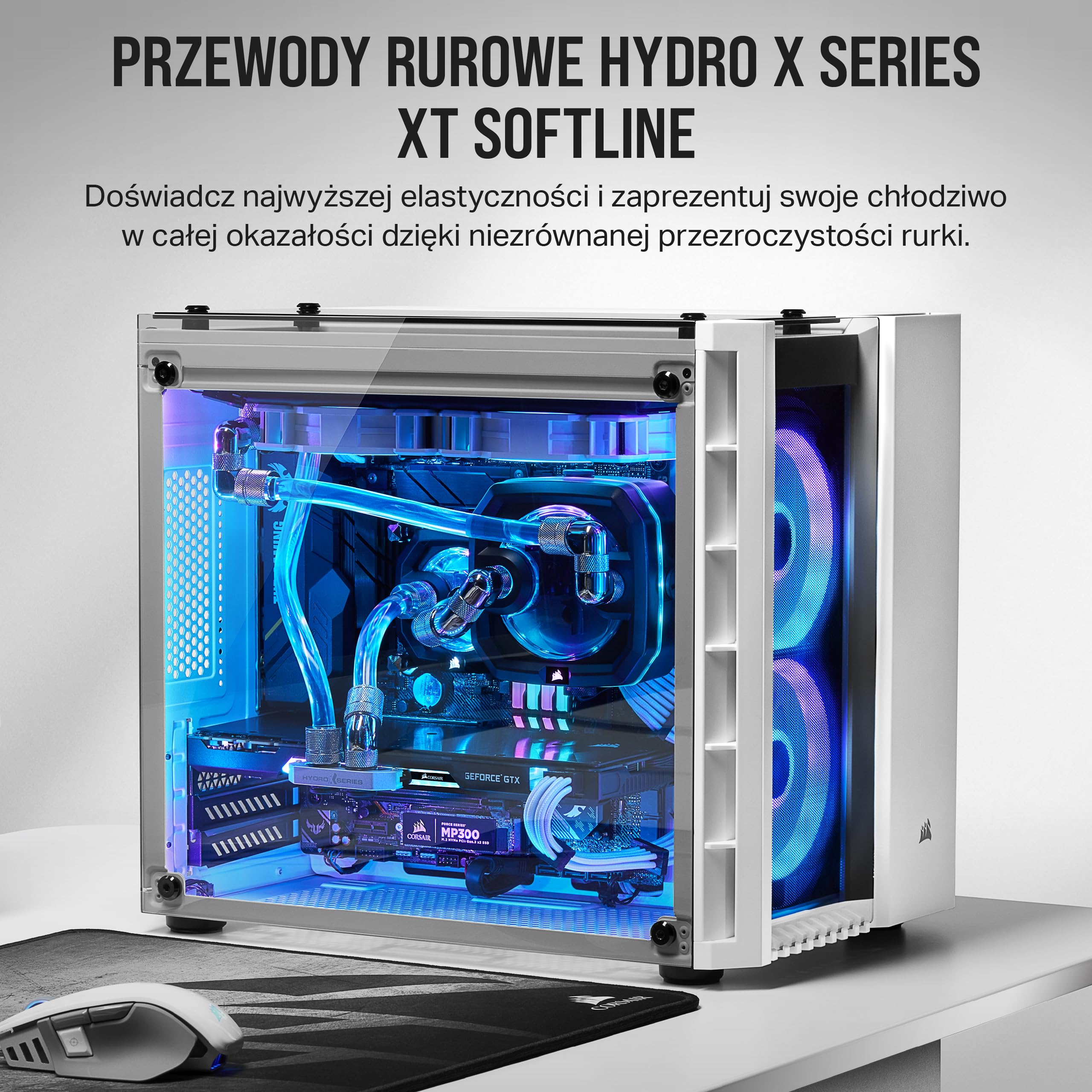 Corsair Hydro X Series, XT Softline, 10/13 mm (3/8 cala lub 1/2 cala) ID/OD, rurki (w pełni przezroczyste, materiał PCW, odporne na promieniowanie UV, łatwe do cięcia), przezroczyste