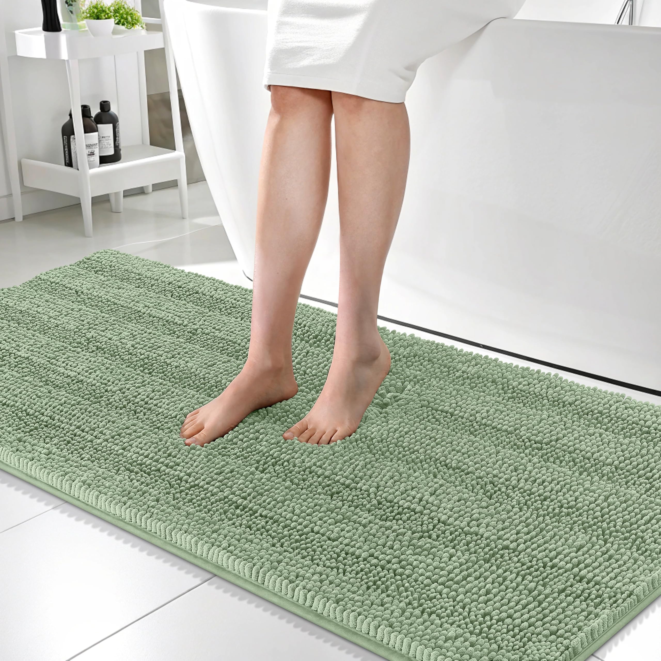 OLANLY Thick Bathroom Runner Rugs 59x24, Chenille Bath Rugs, Sage Green
