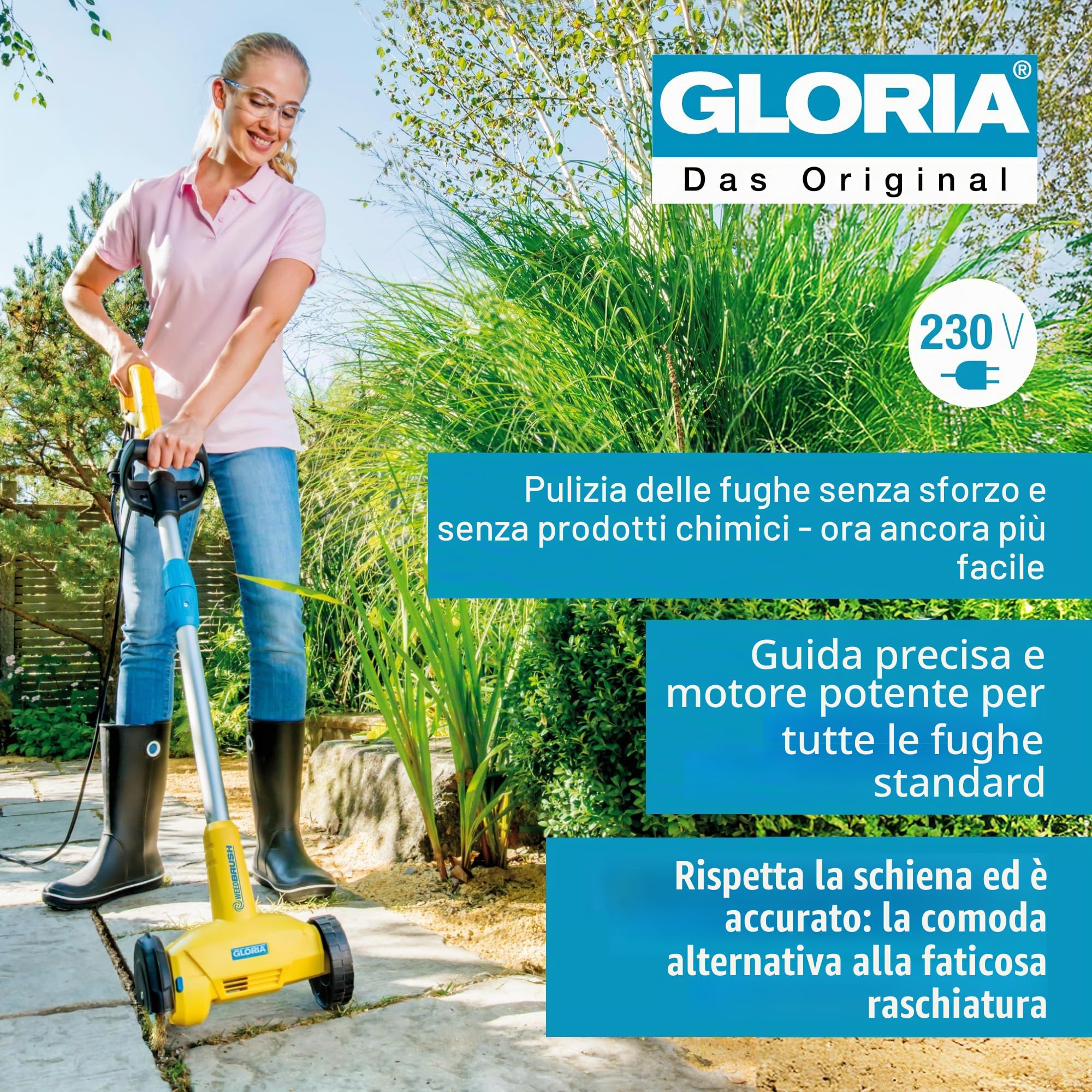 GLORIA Spazzola Elettrica per Fughe WeedBrush a cavo | Estirpatore Erbacce e Pulisci Fughe per Pavimenti Esterni, Terrazzi e Vialetti | Contro Erba e Muschio | Inclusa Spazzola in Filo d'Acciaio