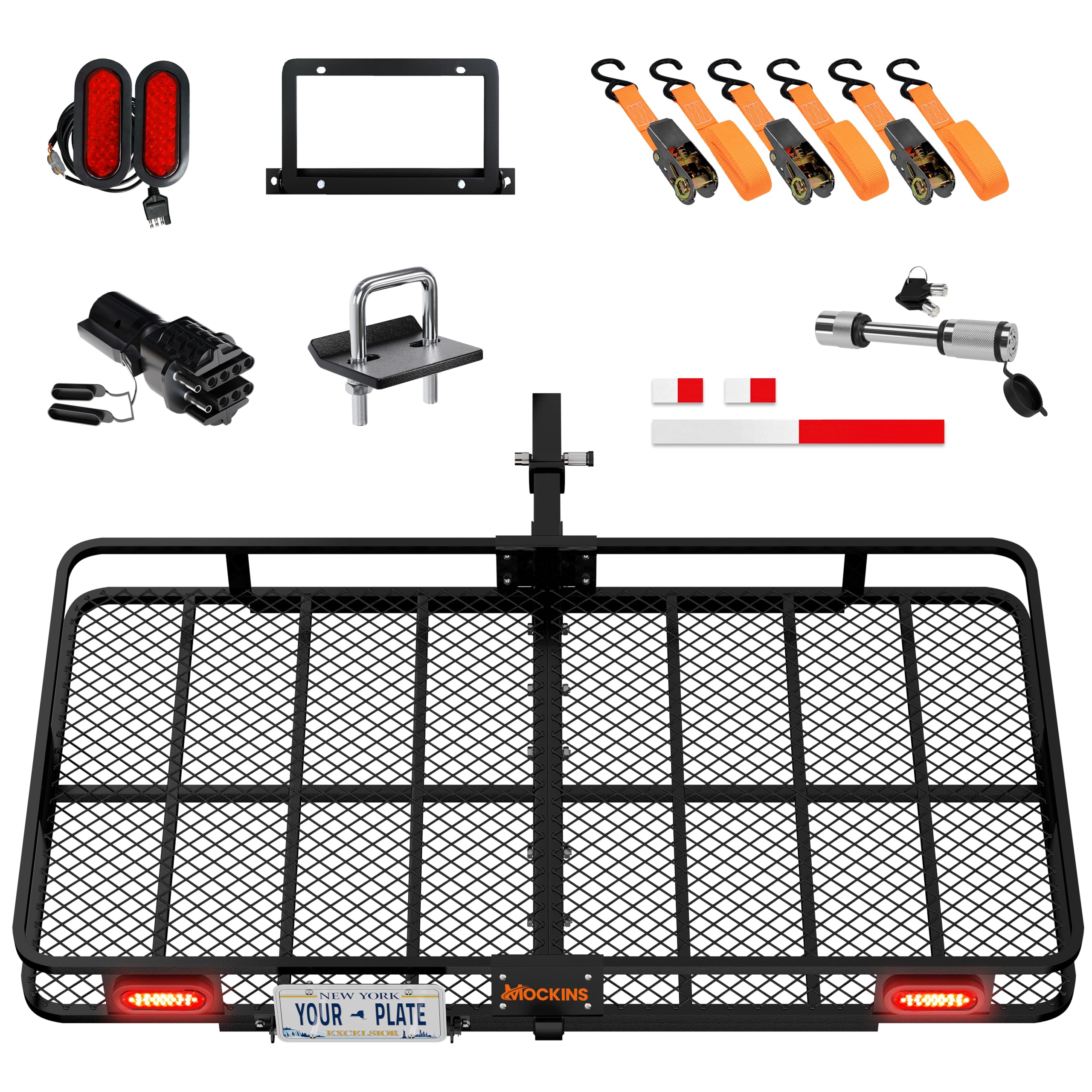 Mockins XXL 72"x36"x6" Folding Trailer Hitch Cargo Carrier w/Rear Lights & License Plate Bracket | Weatherproof Steel Luggage Rack for SUV Car & Truck | 500Lbs. Cap Cargo Hitch Carrier w/Accessories