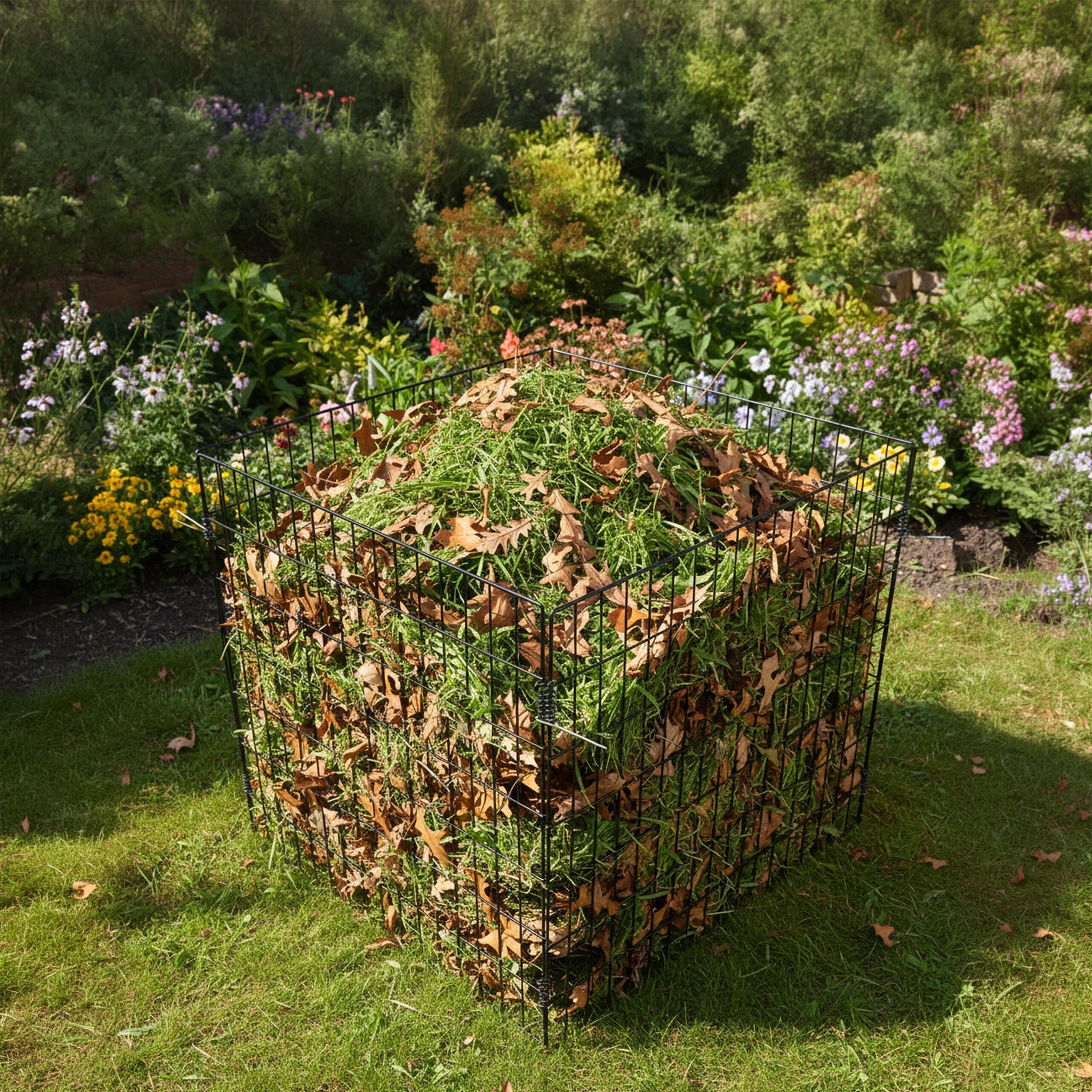 Relaxdays Composteur en métal, HxLxP 70x90x90 cm, 560 L, Fil métallique, Jardin, Noir