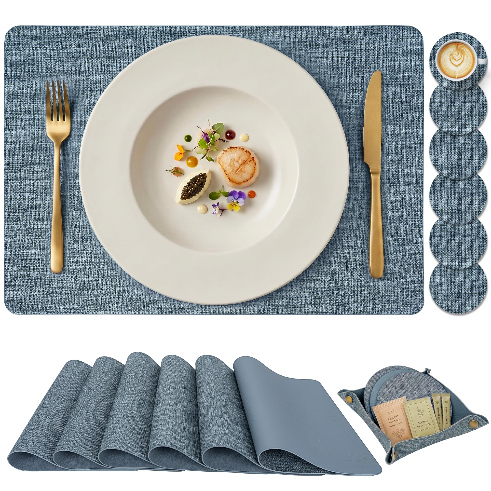 PROMATTOO Faux Leather Placemats Set of 6 with Coasters and Storage Tray, Linen Look Wipe Clean Table Mats, Water and Heat Resistant, Non Slip for Kitchen and Dining Table, 43 x 30 cm