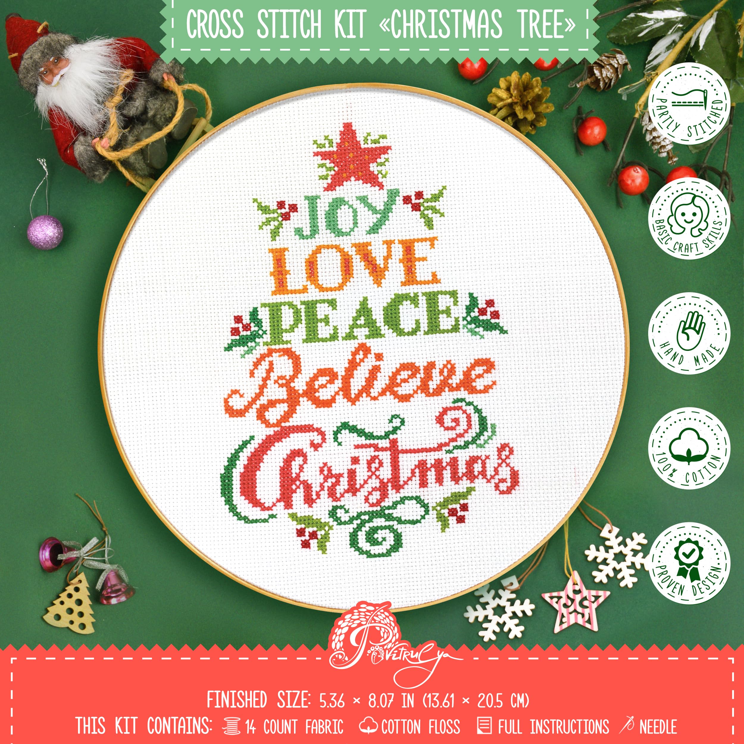 Povitrulya Christmas Tree Easy Counted Cross Stitch Kit For Adult With Inspirational Words Joy, Love, Peace, Believe