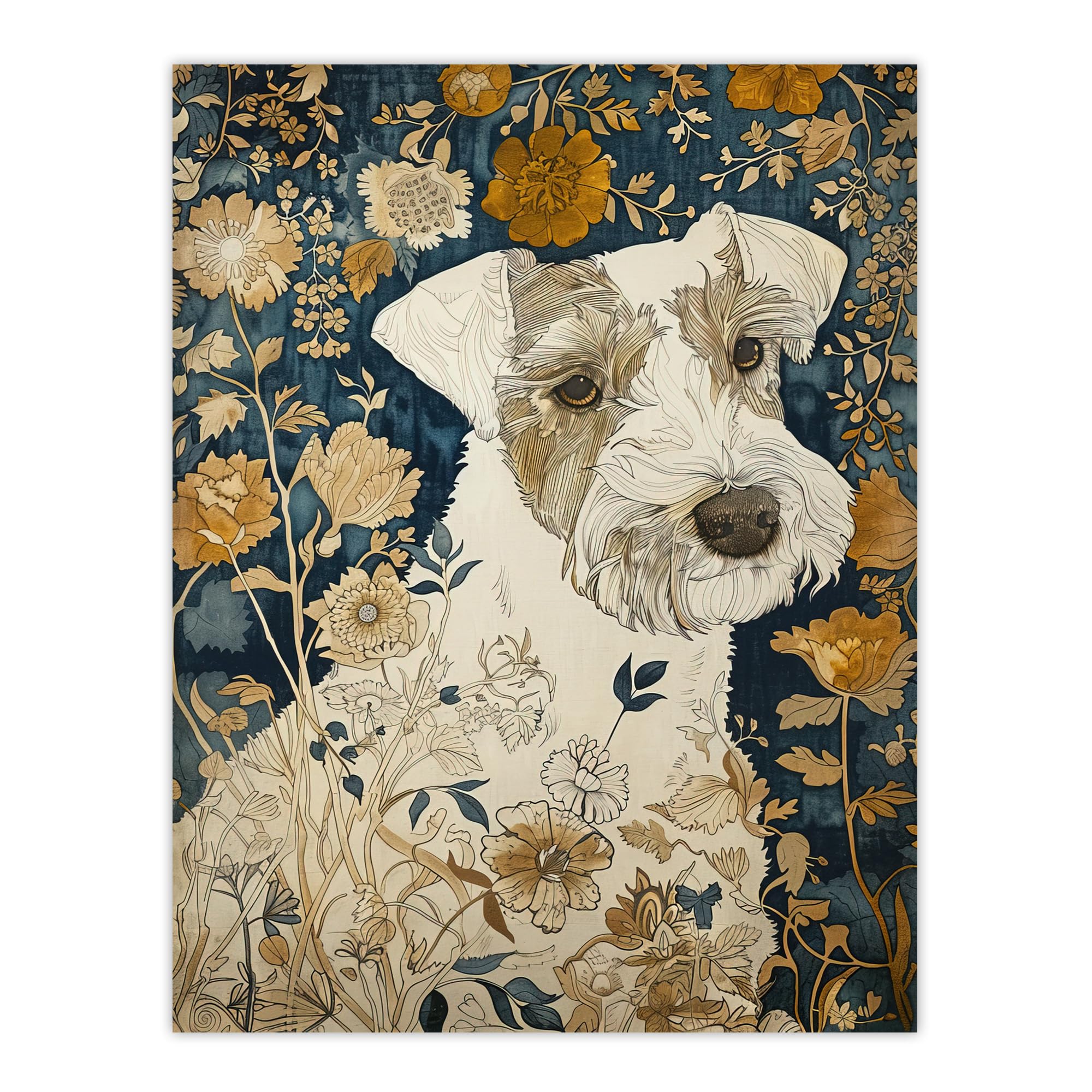 Artery8 Dog Wildflowers Painting Blue Ochre Animal Lover Living Room Extra Large XL Wall Art Poster Print