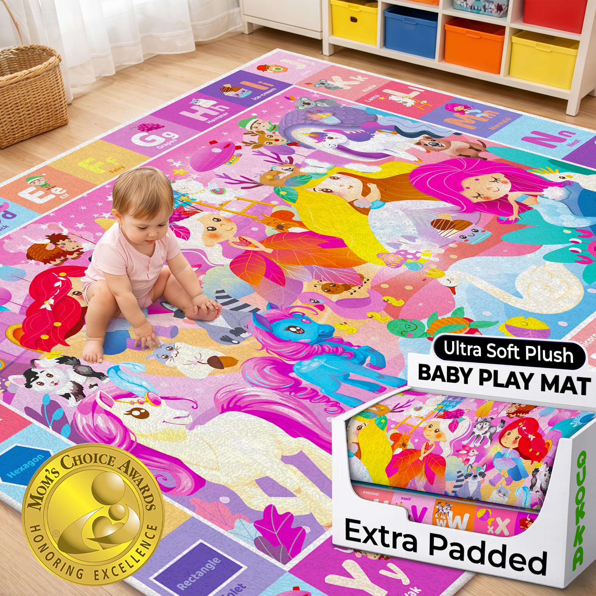 QUOKKA Esteras de Juego para bebés y niños pequeños Alfombra ABC para niños bebés Super Suave Felpa Extra Gruesa (0,8 cm), Alfombra Grande del Alfabeto con Princesa Unicornio Alfombrilla