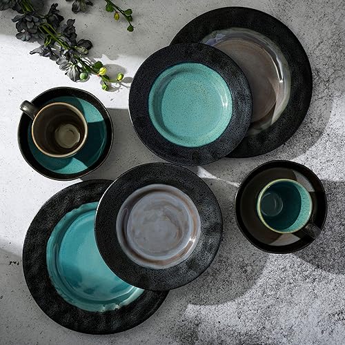 Miniatura 7 de Gibson Elite Dragonstone Round Reactive Glaze - Juego de vajilla de cerámica para cuatro (16 piezas), color aguamarina